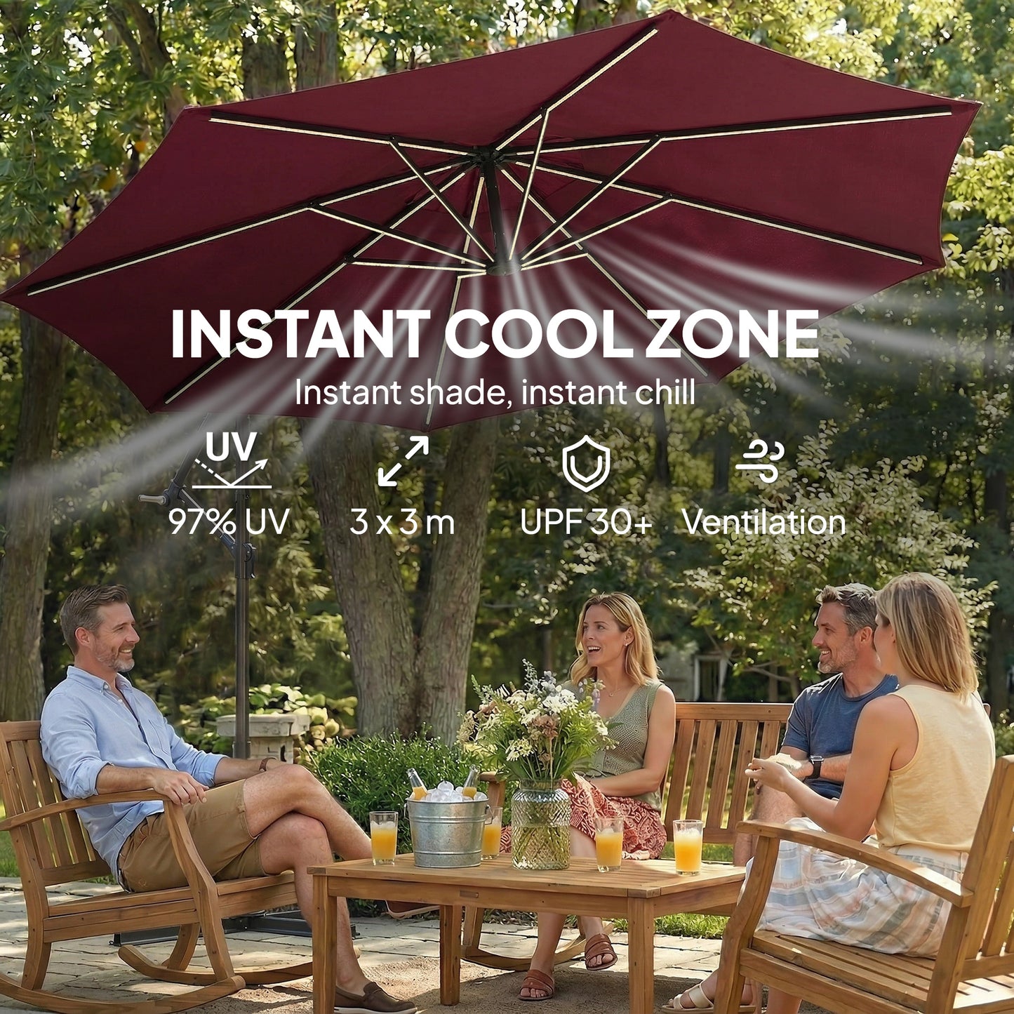 Outsunny 3 Meter Cantilever Garden Parasol With LED Solar Light And Cover Umbrella 360 Degree Rotation Wine Red