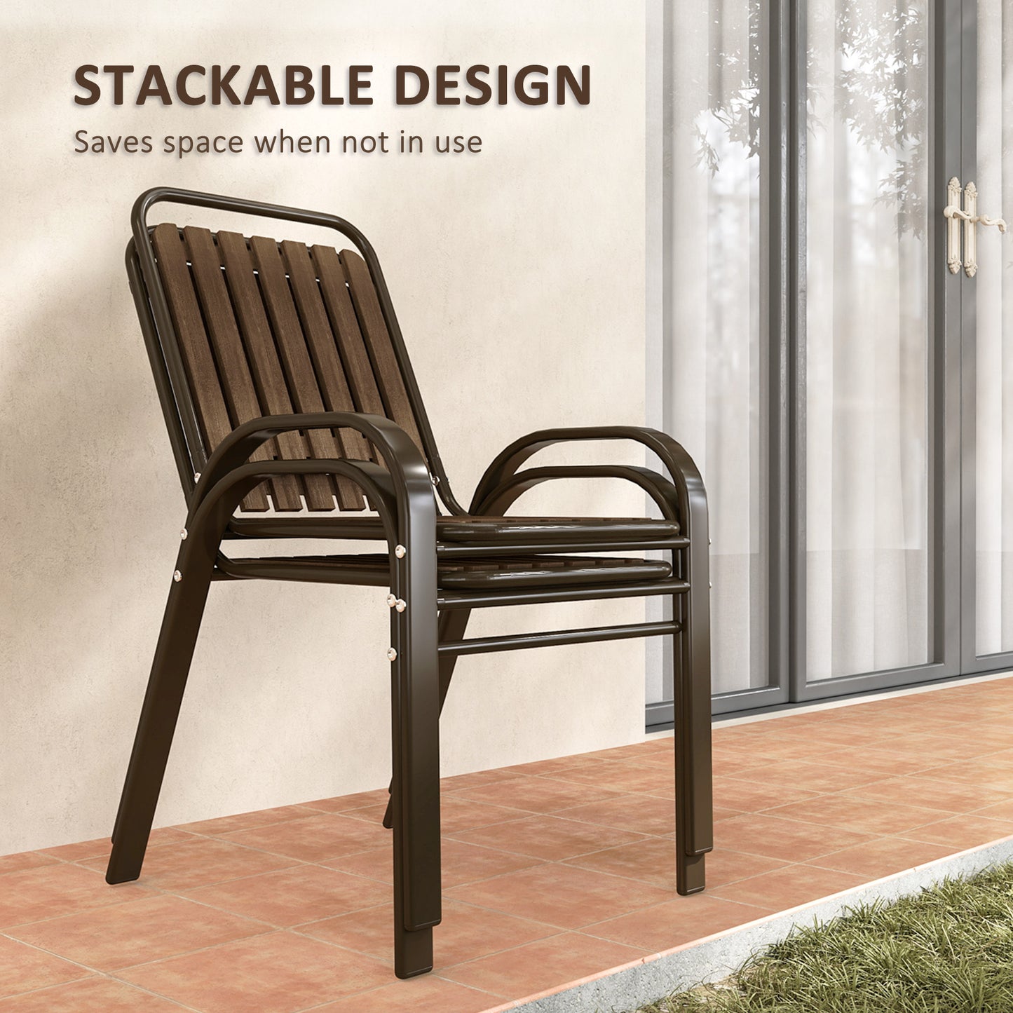 Outsunny 3 Pieces Patio Bistro Set With Stackable Chairs And Tempered Glass Table For Outdoor Balcony Garden Dark Brown
