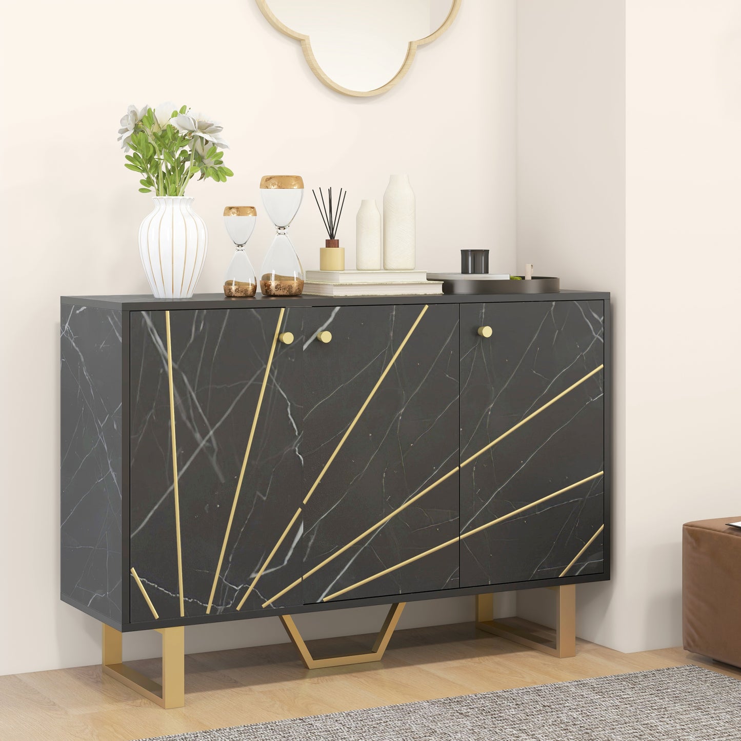 HOMCOM Sideboard Storage Cabinet Modern with Adjustable Shelves and Metal Legs Black Marble Tone for Living Room