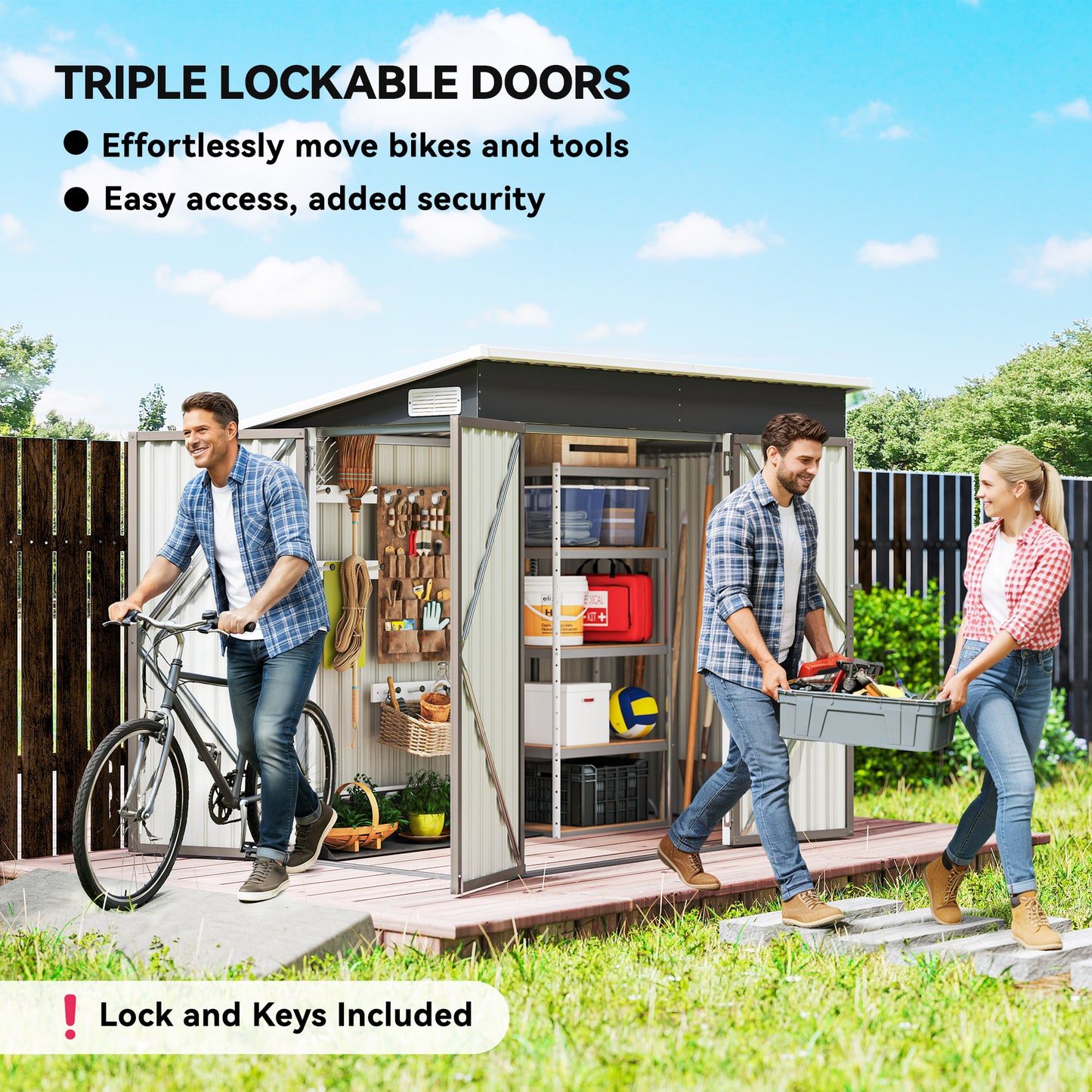 Outsunny 7.5 x 4.3 Ft Metal Garden Storage Shed Waterproof Outdoor Shed With Triple Lockable Doors Vents Light Grey