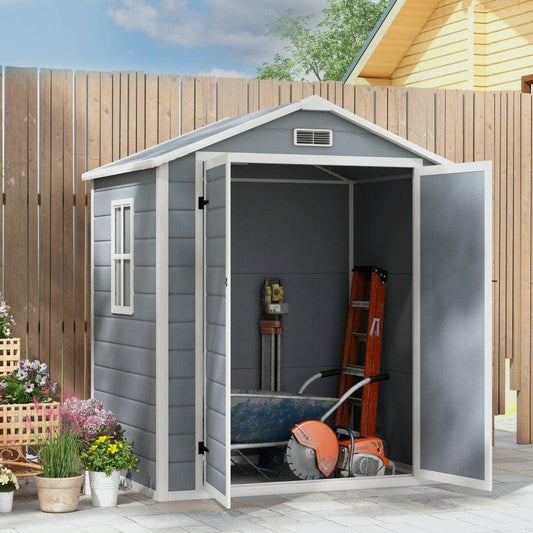 Outsunny 6'x4.5' Garden Storage Shed - Lockable with Double Doors, Window, Vent, and Plastic Roof - Grey - ALL4U RETAILER LTD