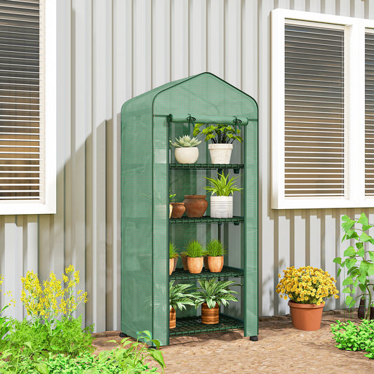 Portable 4-tier greenhouse with green translucent cover and metal frame, front door open