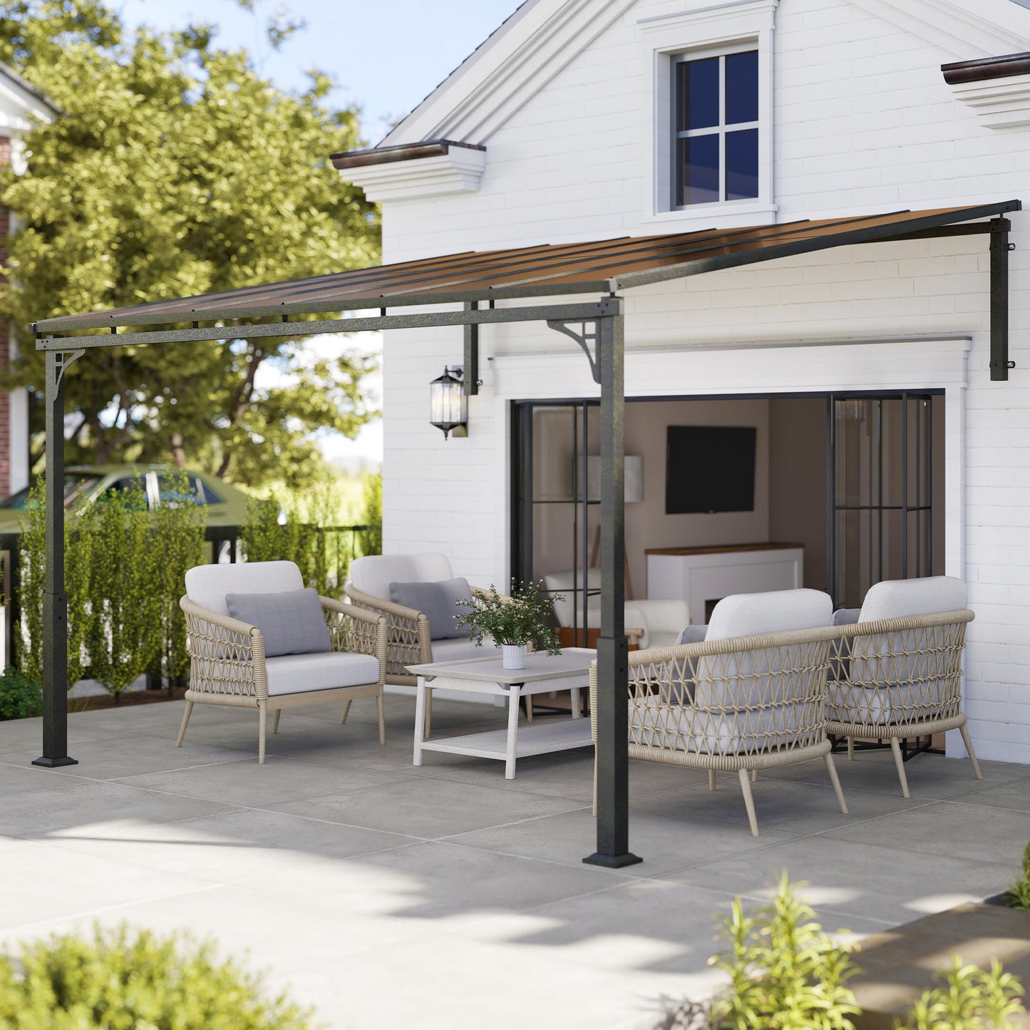 Outsunny 3.4 x 3 m Wall Mounted Metal Lean To Pergola With Polycarbonate Roof Aluminium Frame Brown Garden Patio