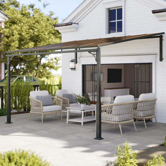 Outsunny 3.4 x 3 m Wall Mounted Metal Lean To Pergola With Polycarbonate Roof Aluminium Frame Brown Garden Patio