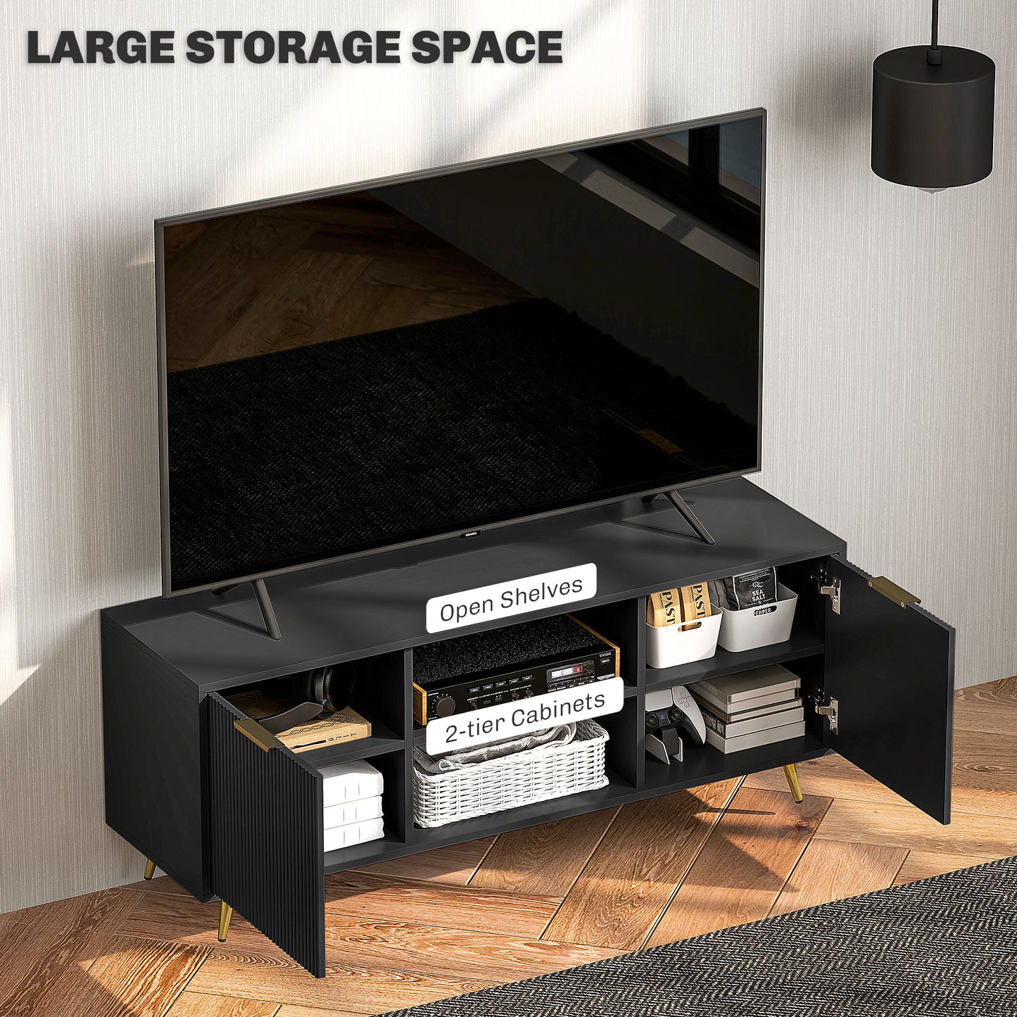 HOMCOM Modern TV Stand Cabinet For TVs Up 55Inch With Open Shelves And 2 Cabinets Cable Management Living Room Black