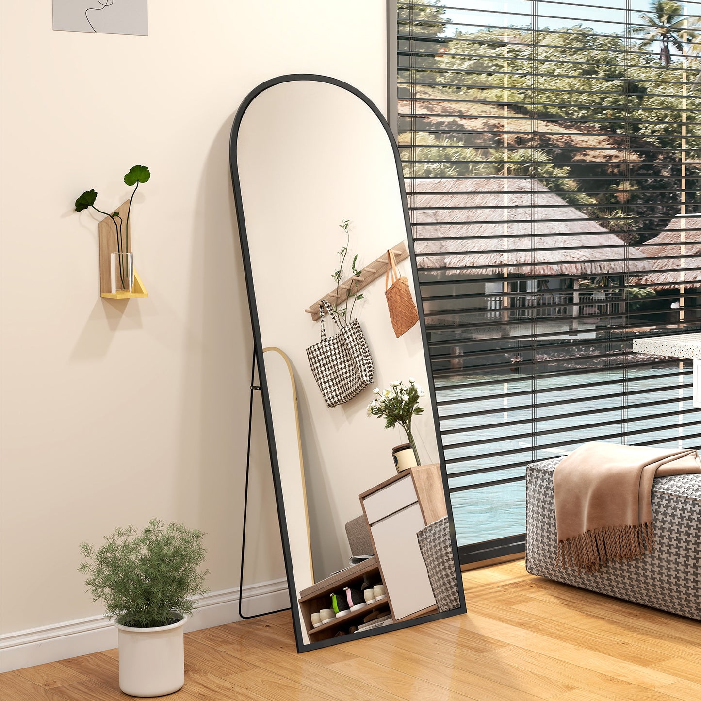 HOMCOM 165cm Aluminium Frame Standing Mirror Black Two Way Design With Wall Mount Option