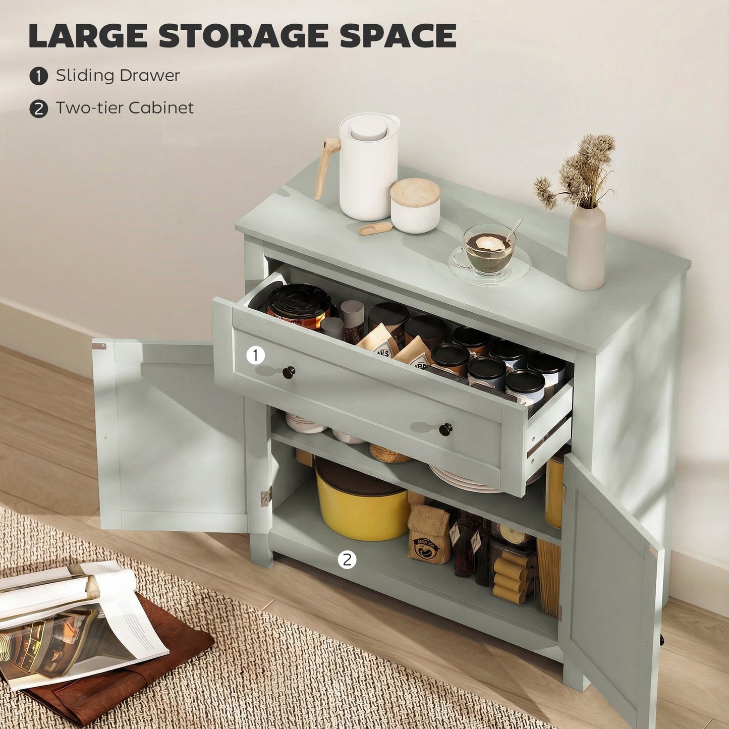 HOMCOM Sideboard Storage Cabinet Modern Kitchen Cupboard With Adjustable Shelf Drawer And Double Doors Green