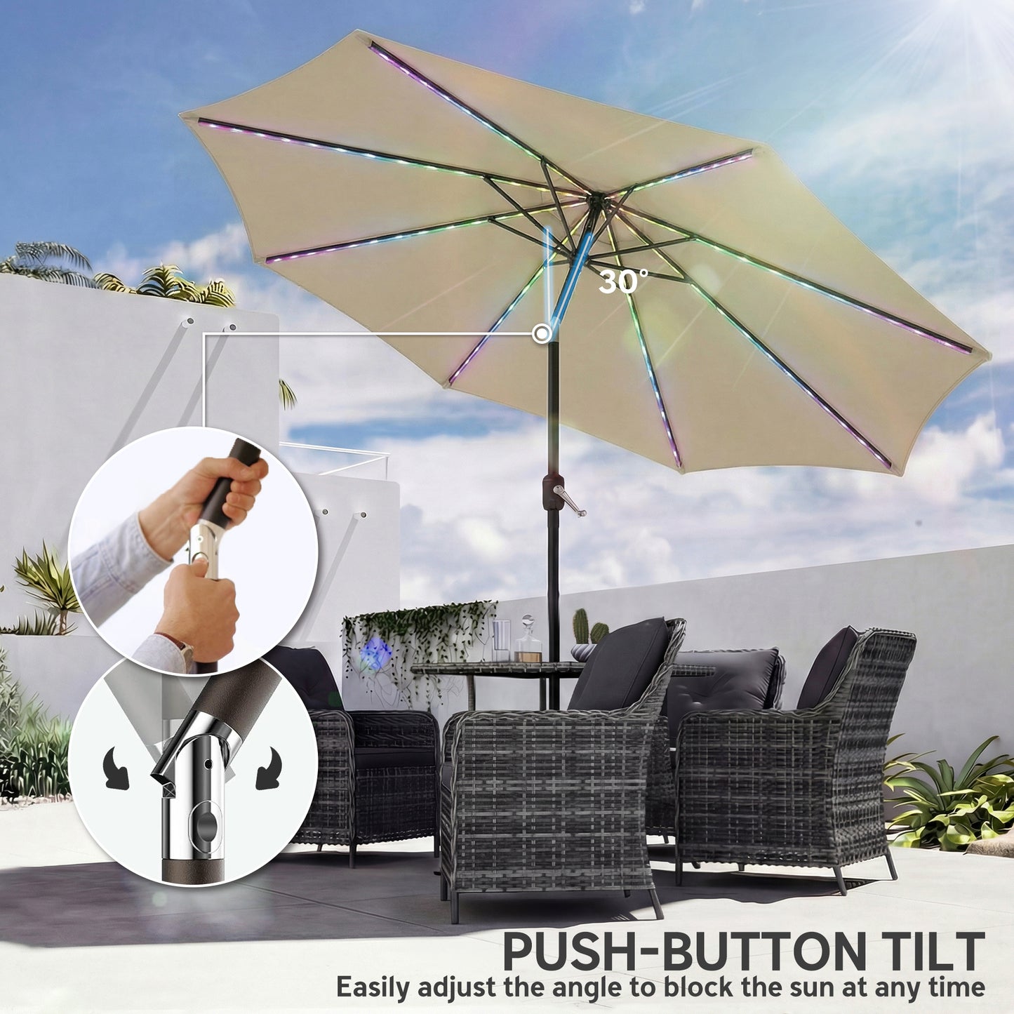 Outsunny 3 Meter Garden Parasol Umbrella With 112 Solar Powered LED Lights And USB Charging Crank Handle Beige