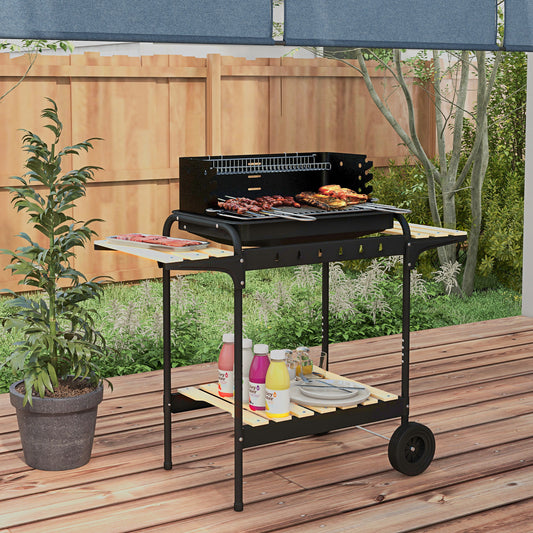Outsunny Charcoal Barbecue Grill With Adjustable Height Portable Trolley And Ash Catcher And Wheels For Party Black