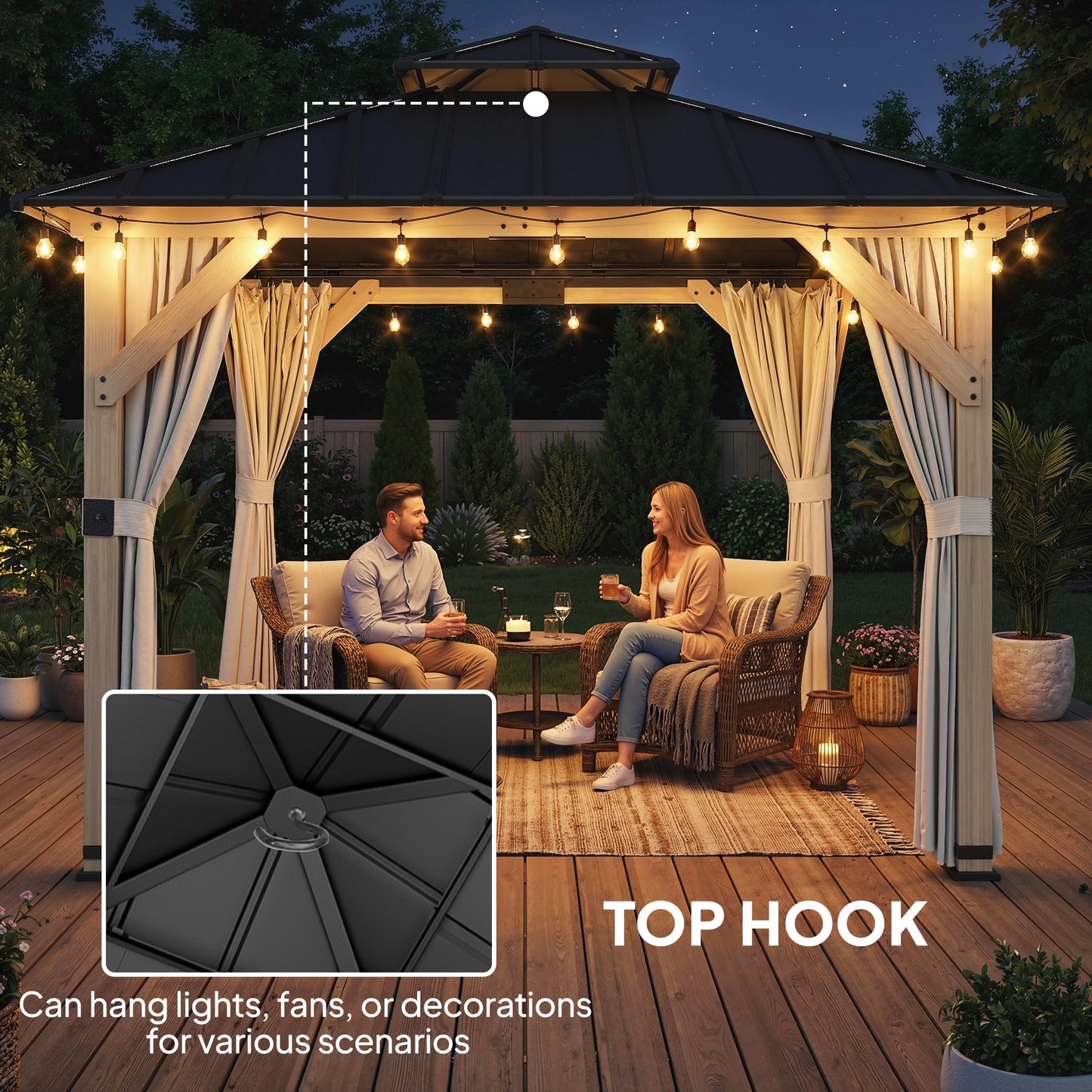 Outsunny 3 x 3 m Outdoor Hardtop Gazebo Canopy With Curtains And 2 Tier Steel Roof Wood Garden Gazebo Light Grey