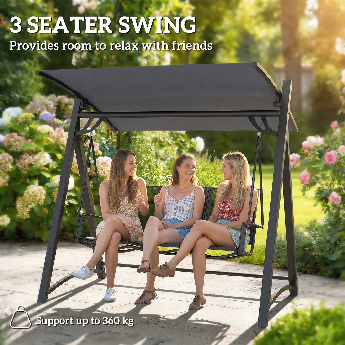 Outsunny 3 Seater Swing Chair Garden Swing Bench Adjustable Tilting Canopy Breathable Mesh Seat 360 Kg Capacity Grey