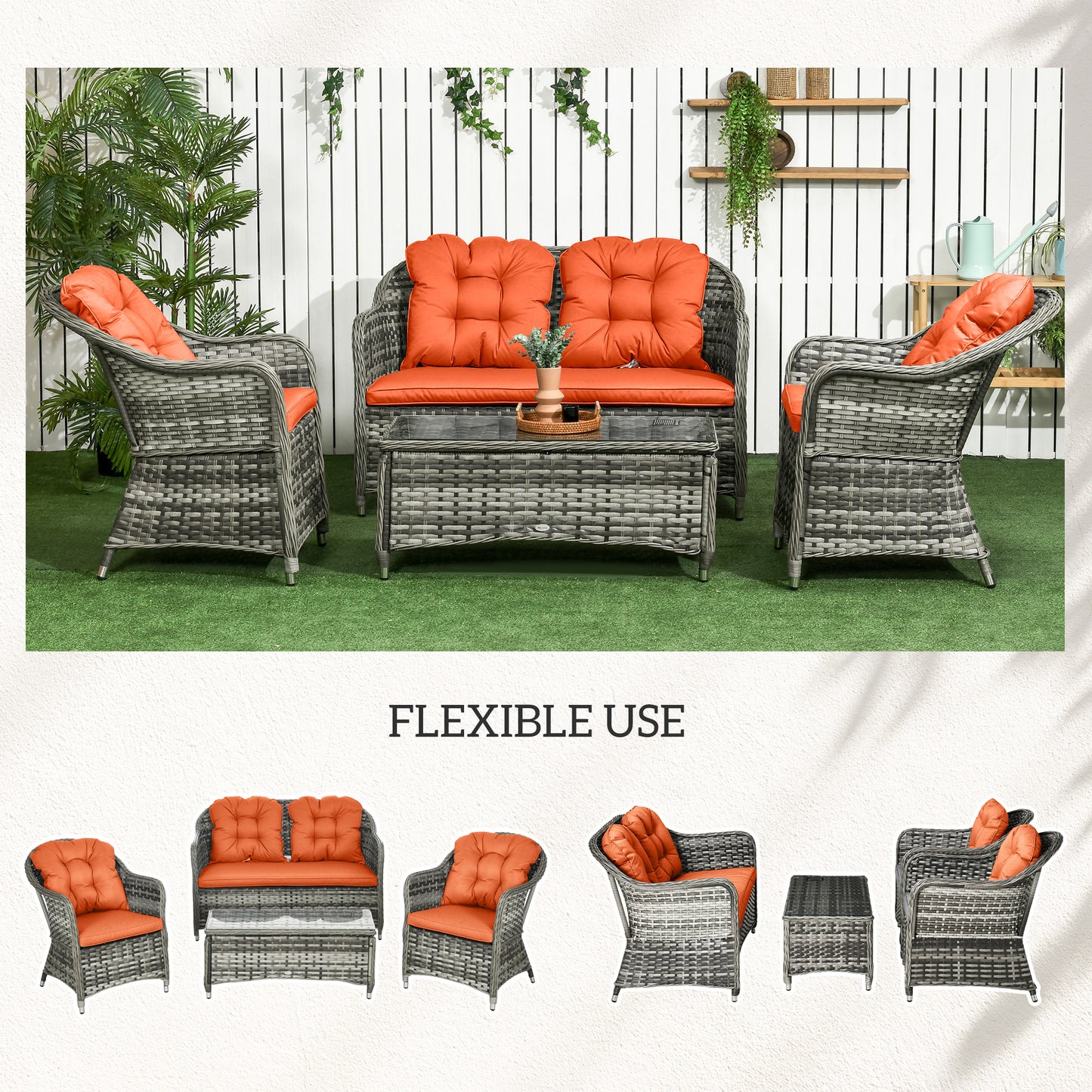 Outsunny Four Piece Rattan Sofa Set With Glass Top Table Orange Outdoor Garden Furniture