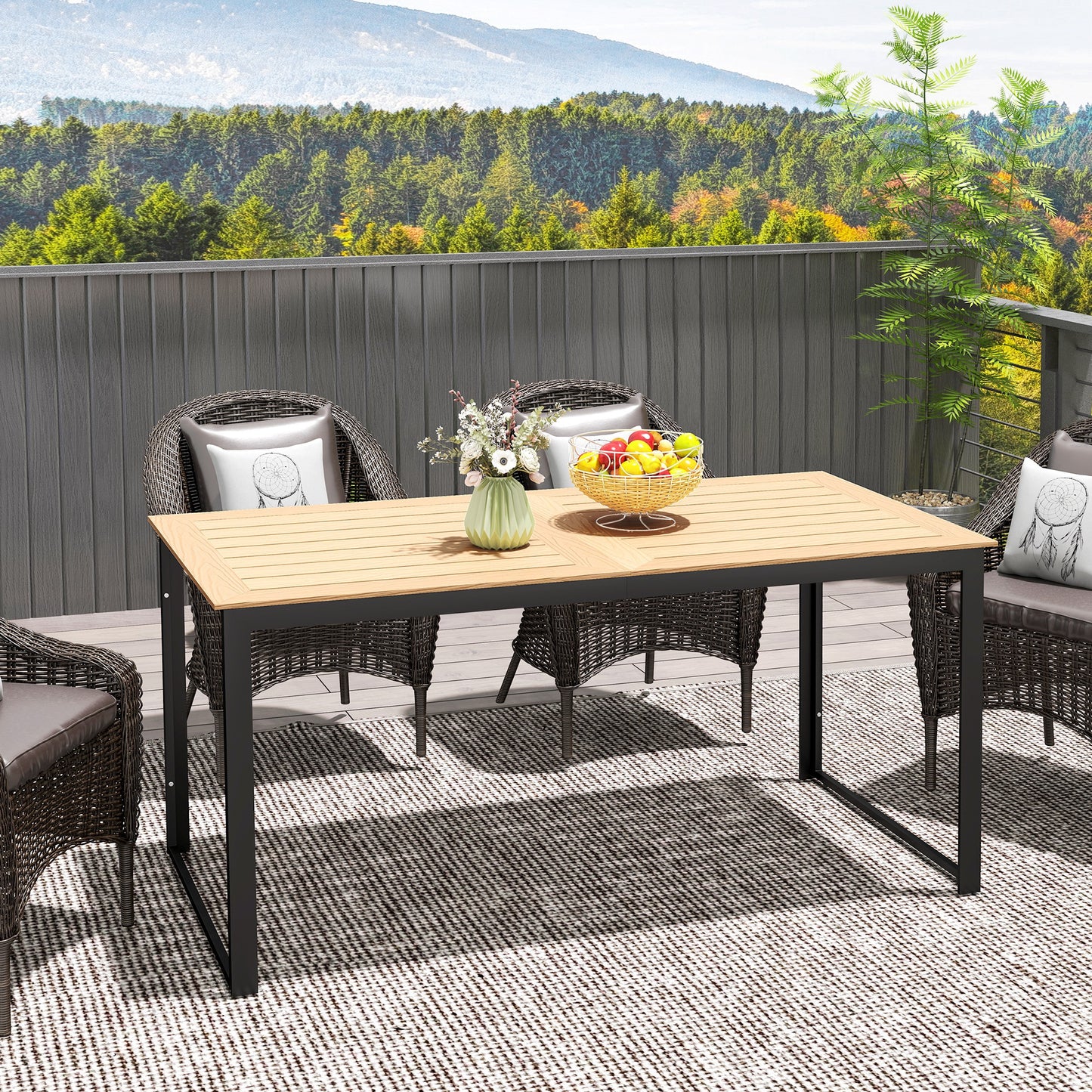 Outsunny 6 People Outdoor Dining Table With Slatted Wood Effect Top And Metal Frame 160 x 80 x 75 cm For Balcony