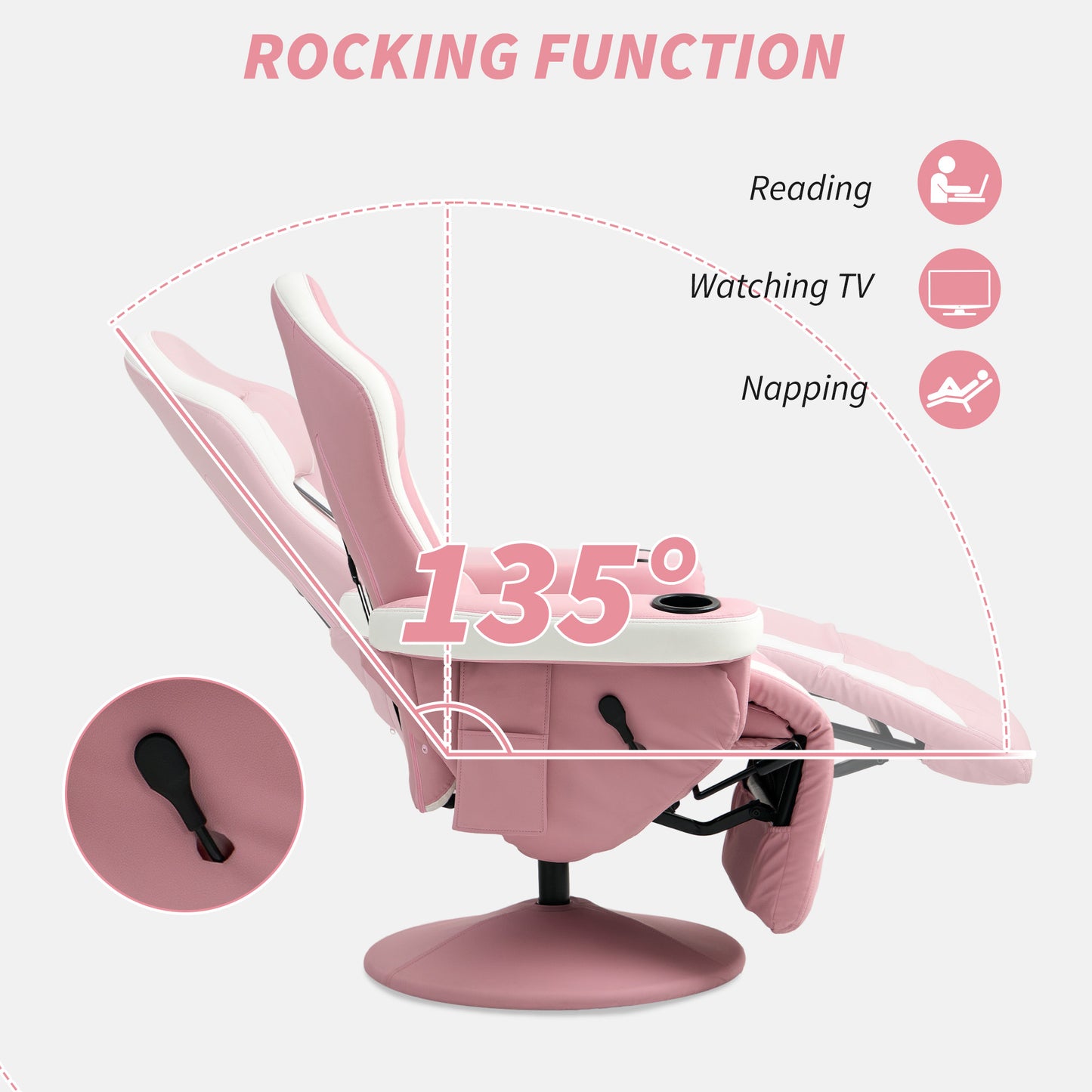 HOMCOM Manual Recliner Armchair With PU Leather 360 Degree Swivel Adjustable Leg Rest 135 Degree Recline Pink