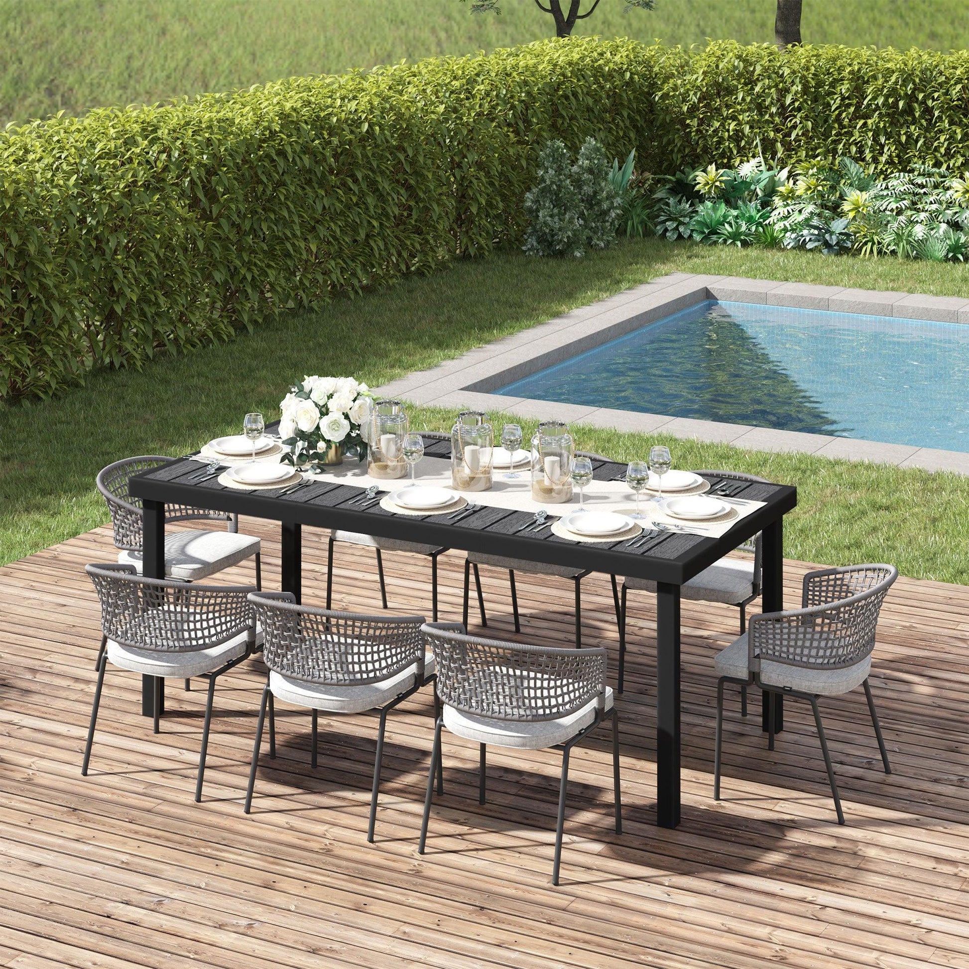 Outsunny Aluminium Outdoor Garden Dining Table for 8 People, Faux Wood Top, for Garden, Lawn, Patio, 190 x 90 x 74cm, Black - ALL4U RETAILER LTD