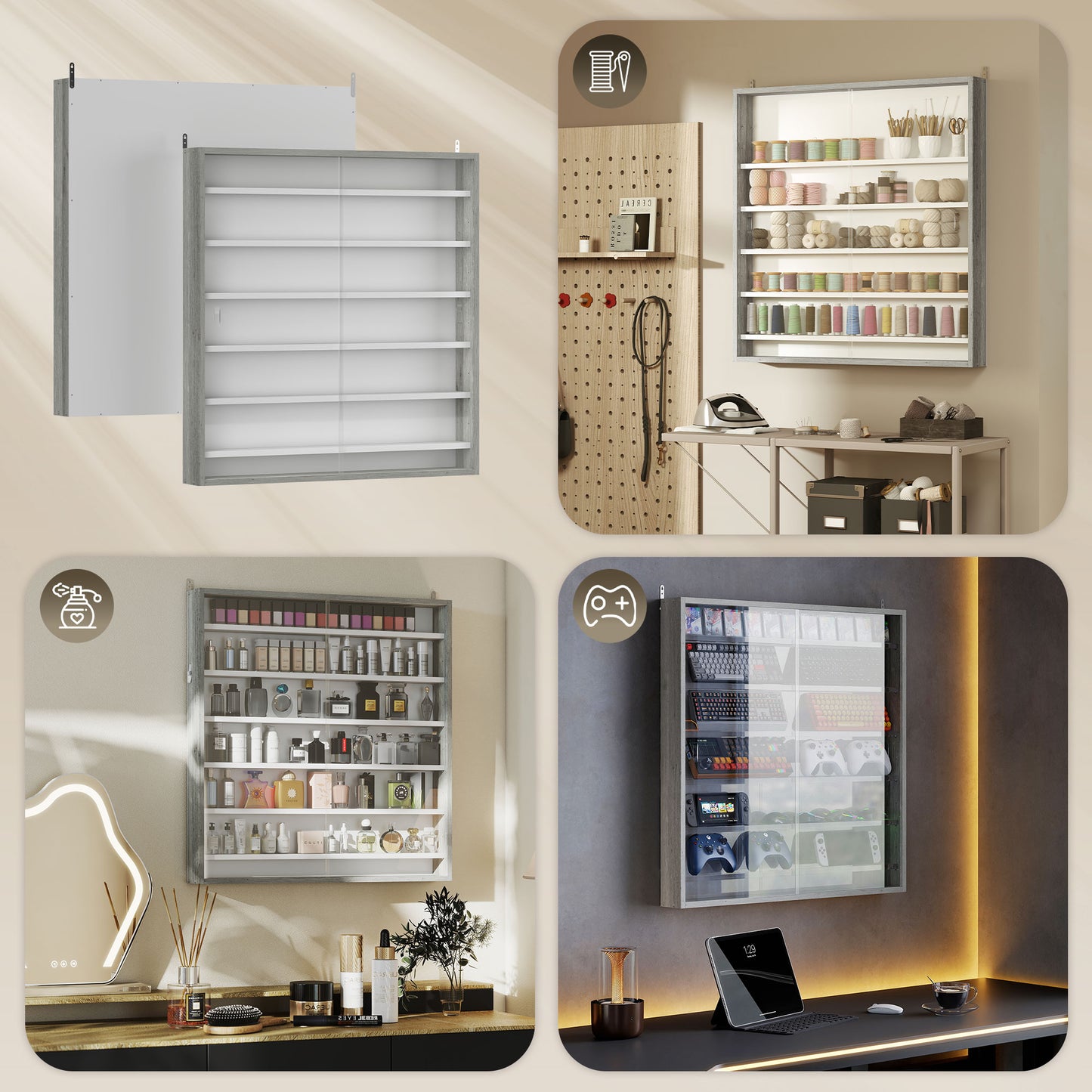 HOMCOM Six Shelf Display Cabinet with Glass Doors Graphite Wood Effect Wall Mounted
