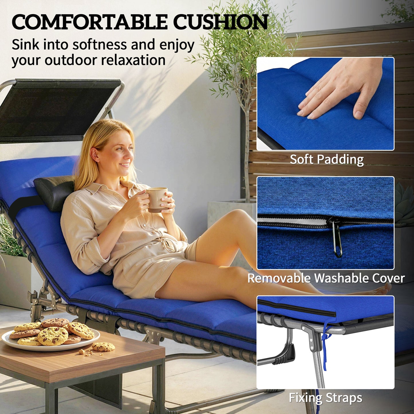Outsunny Folding Sun Loungers Set Of 2 With Canopy Reclining Sunbed With Cushion Side Pocket Carrying Handle Dark Blue