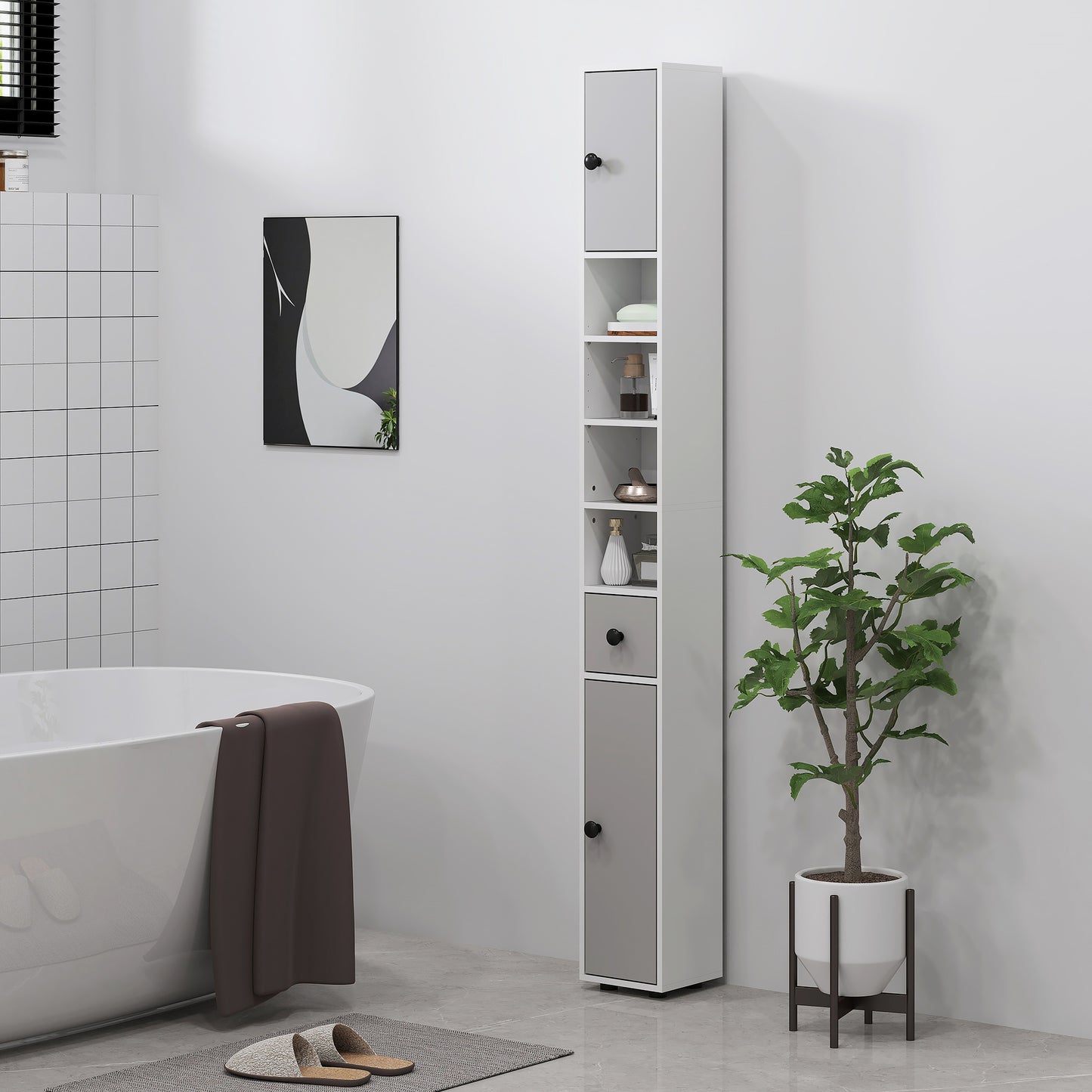 Kleankin 180cm Slim Bathroom Cabinet With Drawer Shelves And Cupboards Light Grey