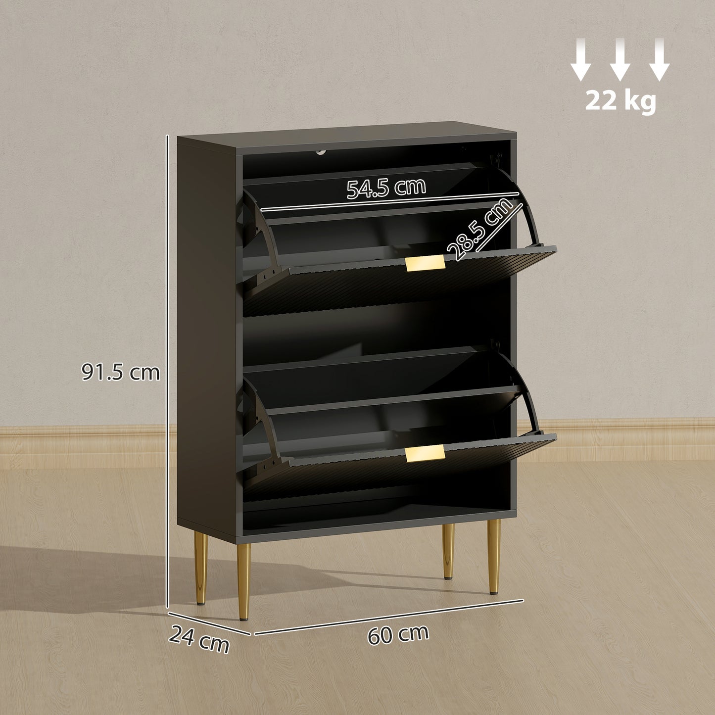 HOMCOM Elegant White Two Drawer Shoe Cabinet With Gold Accents And Adjustable Shelves