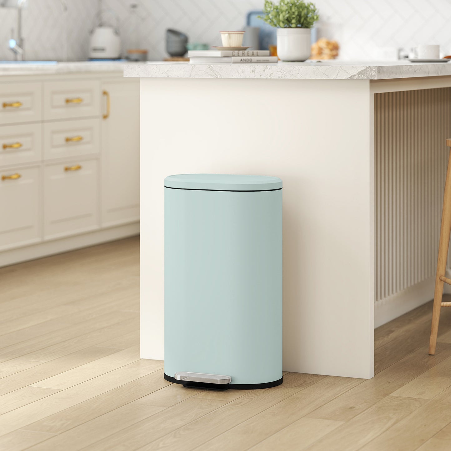 HOMCOM 30L Modern Curved Kitchen Pedal Bin With Soft Close Lid And Fingerprint Resistant Metal Green