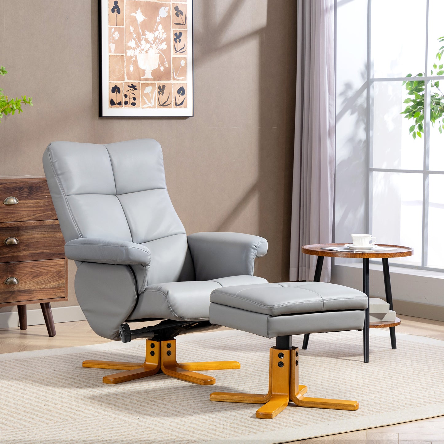 HOMCOM PU Leather Swivel Recliner Chair With Footstool And Hidden Storage For Living Room, Wooden Base, Light Grey