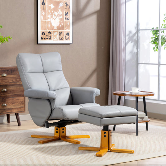 HOMCOM PU Leather Swivel Recliner Chair With Footstool And Hidden Storage For Living Room, Wooden Base, Light Grey