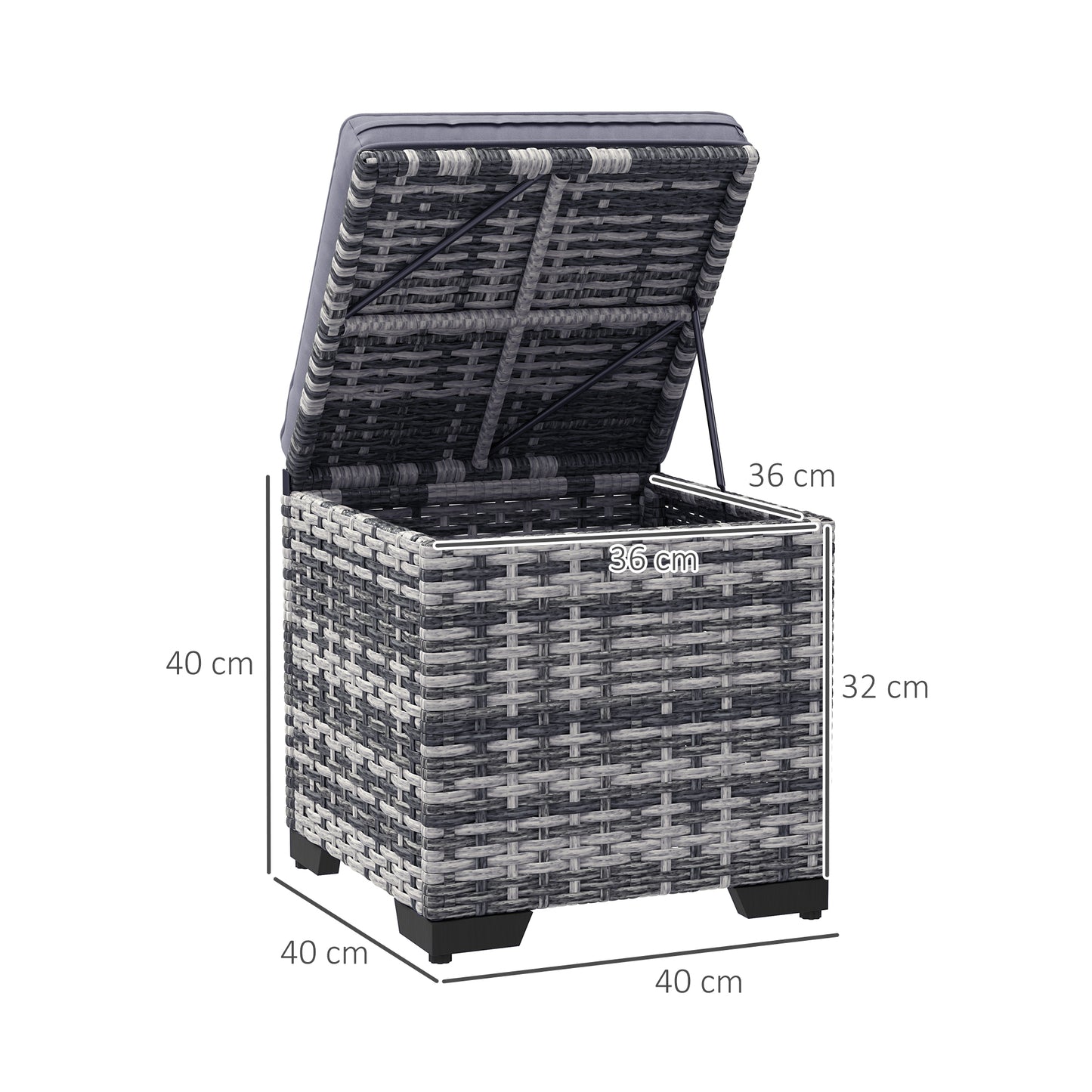 Outsunny Set of 2 Rattan Storage Ottomans Outdoor Footstools Removable Cushions Dark Grey