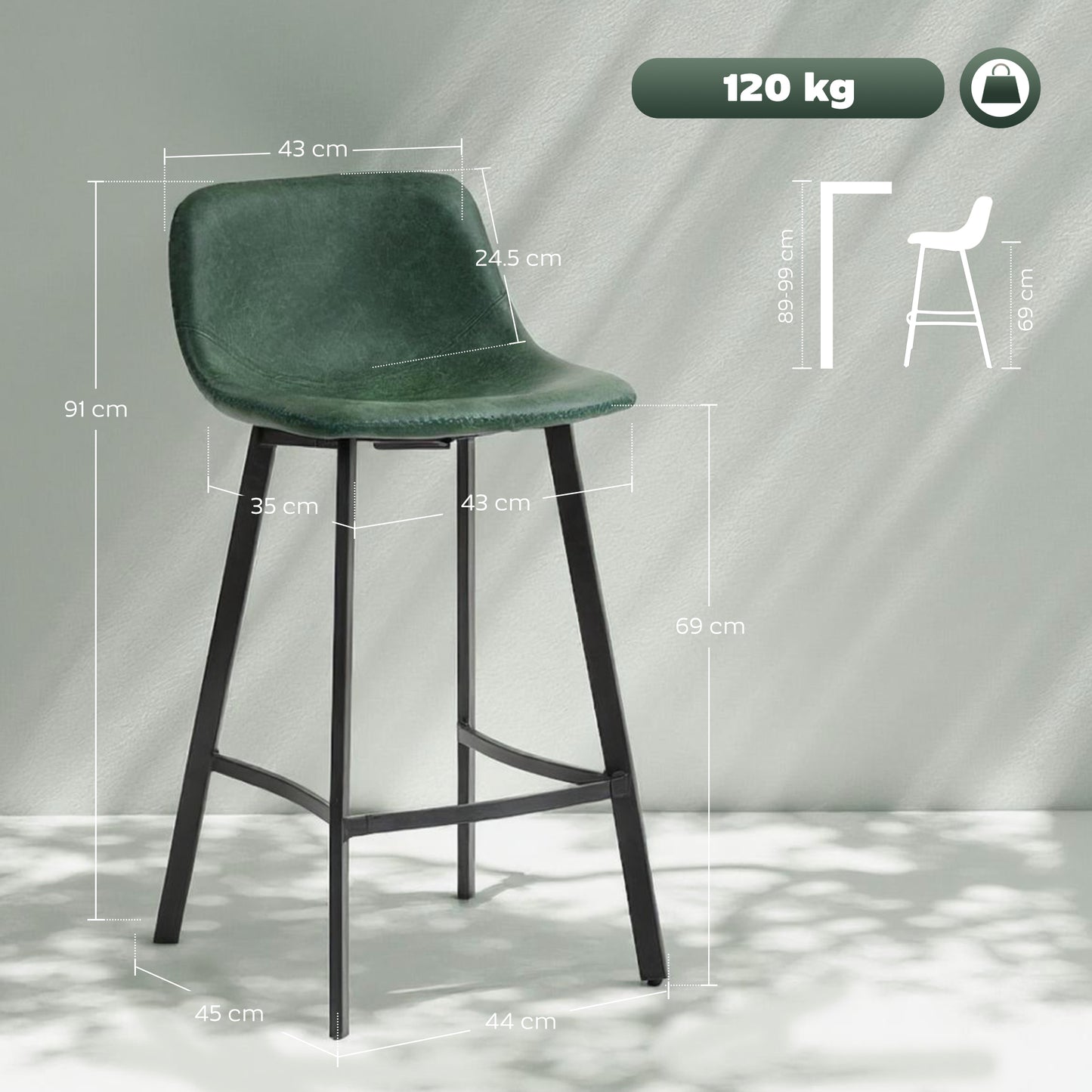 HOMCOM Bar Stools Set 2 PU Leather Backrest Footrest for Kitchen Counter Breakfast Bar Green