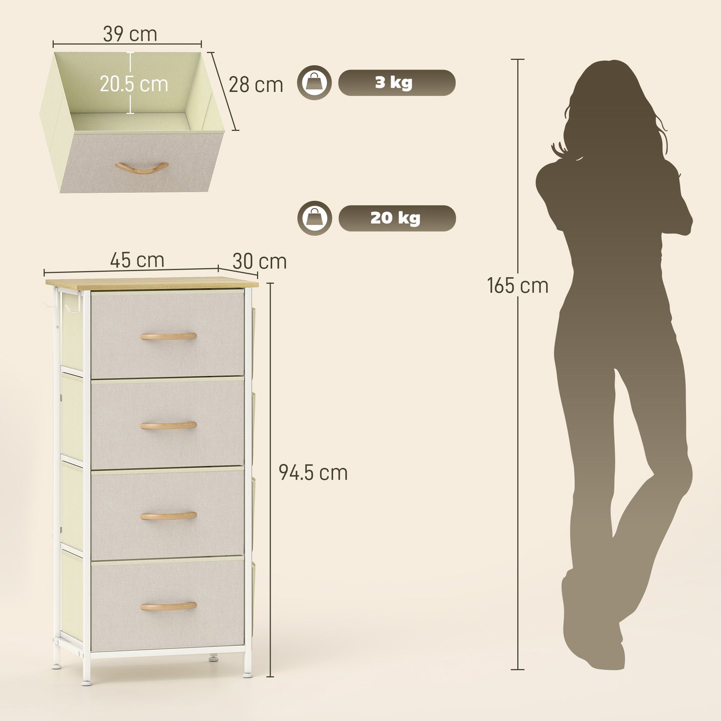 HOMCOM Chest Of Four Fabric Drawers Beige With Side Pockets And Hooks Steel Frame Storage Organizer