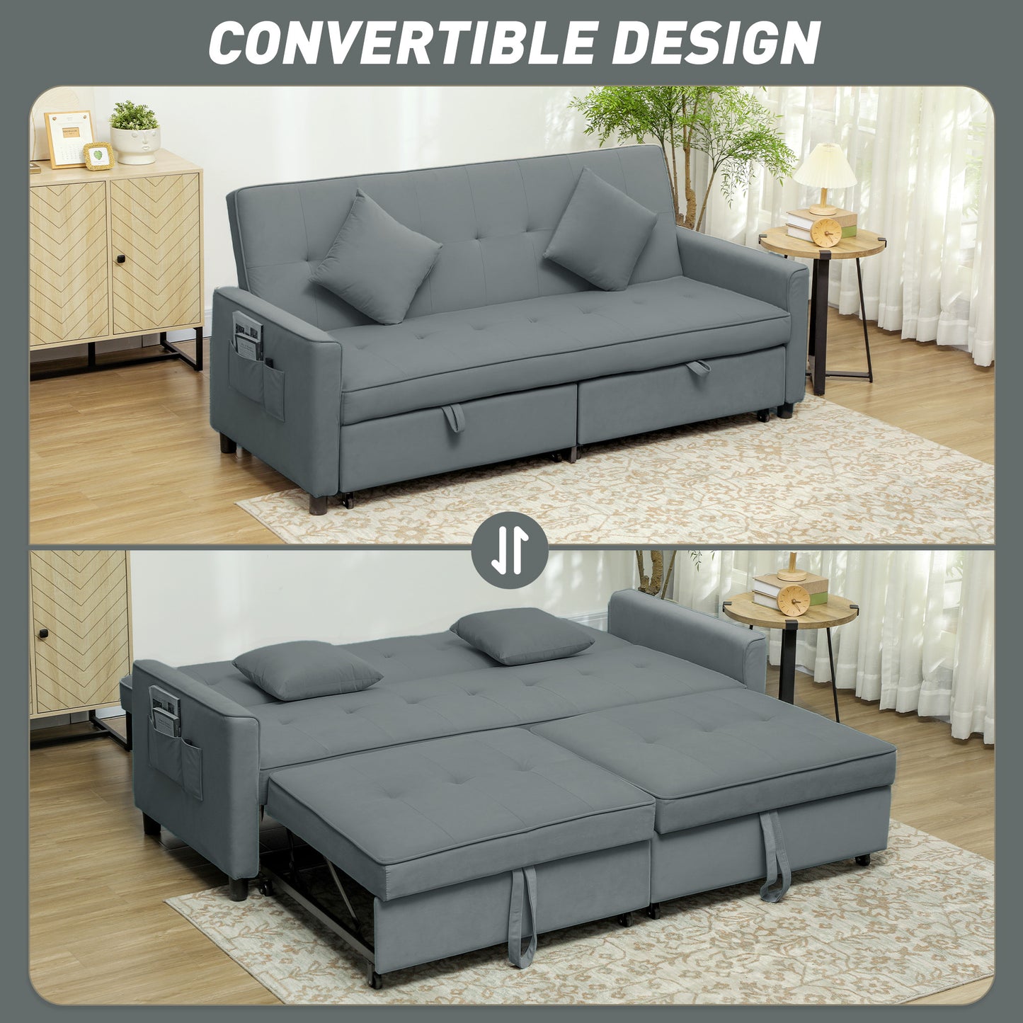 HOMCOM Luxurious Three Seater Velvet Feel Sofa Bed Grey With Click Clack Mechanism Wheels And Pull Handles