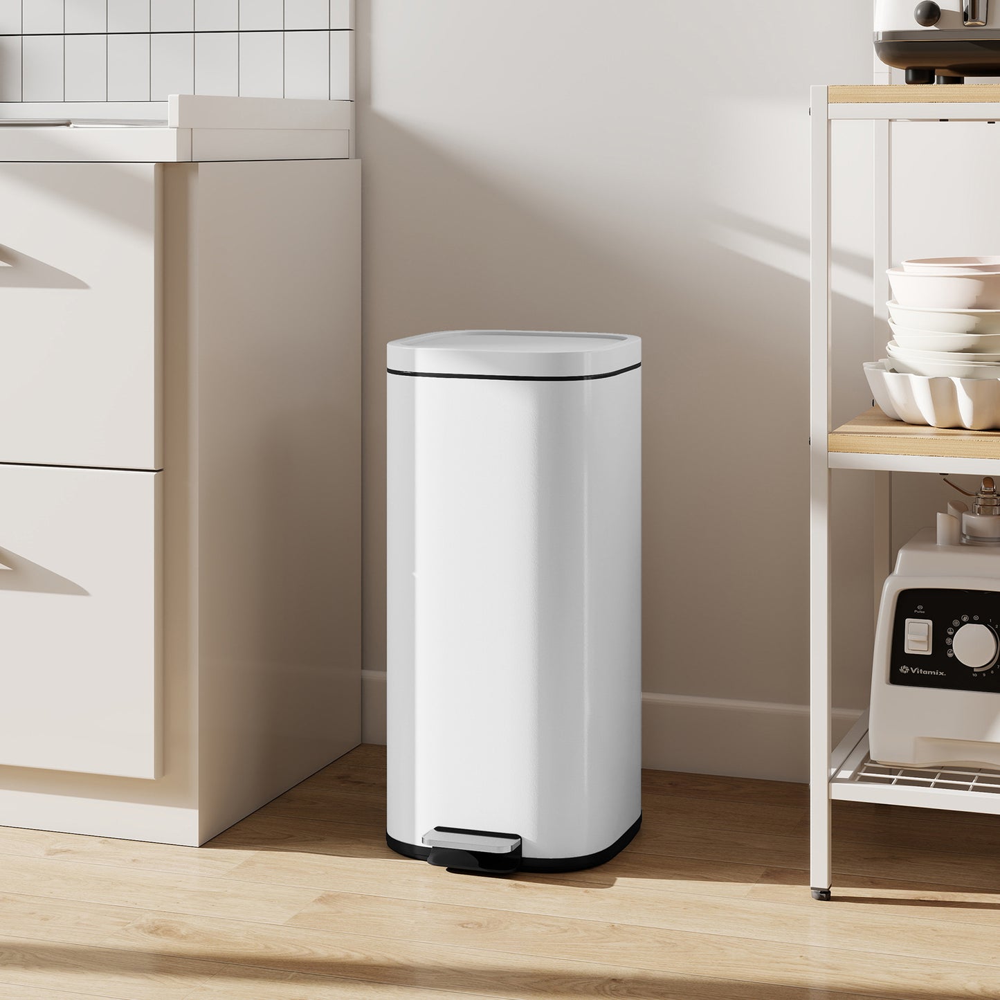 HOMCOM 30L Kitchen Bin Compact Pedal Bin With Soft Close And Stay Open Lid Removable Bucket For Kitchen Office White