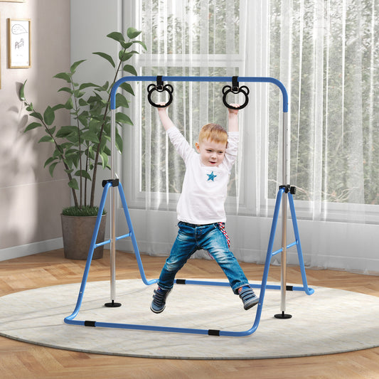 HOMCOM Height-Adjustable Foldable Gymnastics Bar for Kids with Non-Slip Mats, Blue, Ages 3+ - ALL4U RETAILER LTD