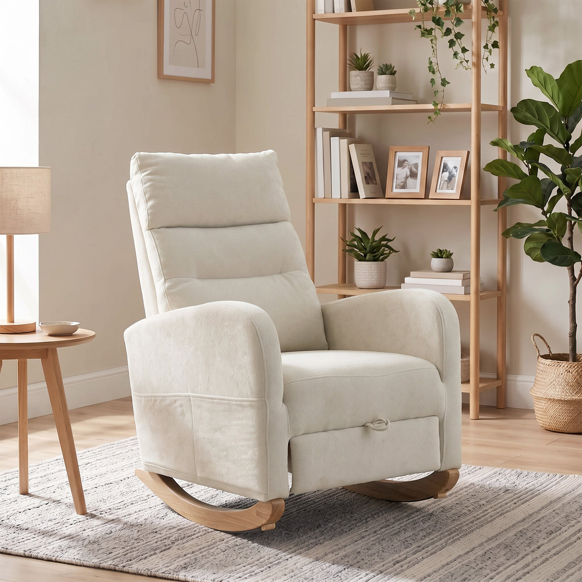Light beige high-back rocking chair with footrest extended and cushioned arms