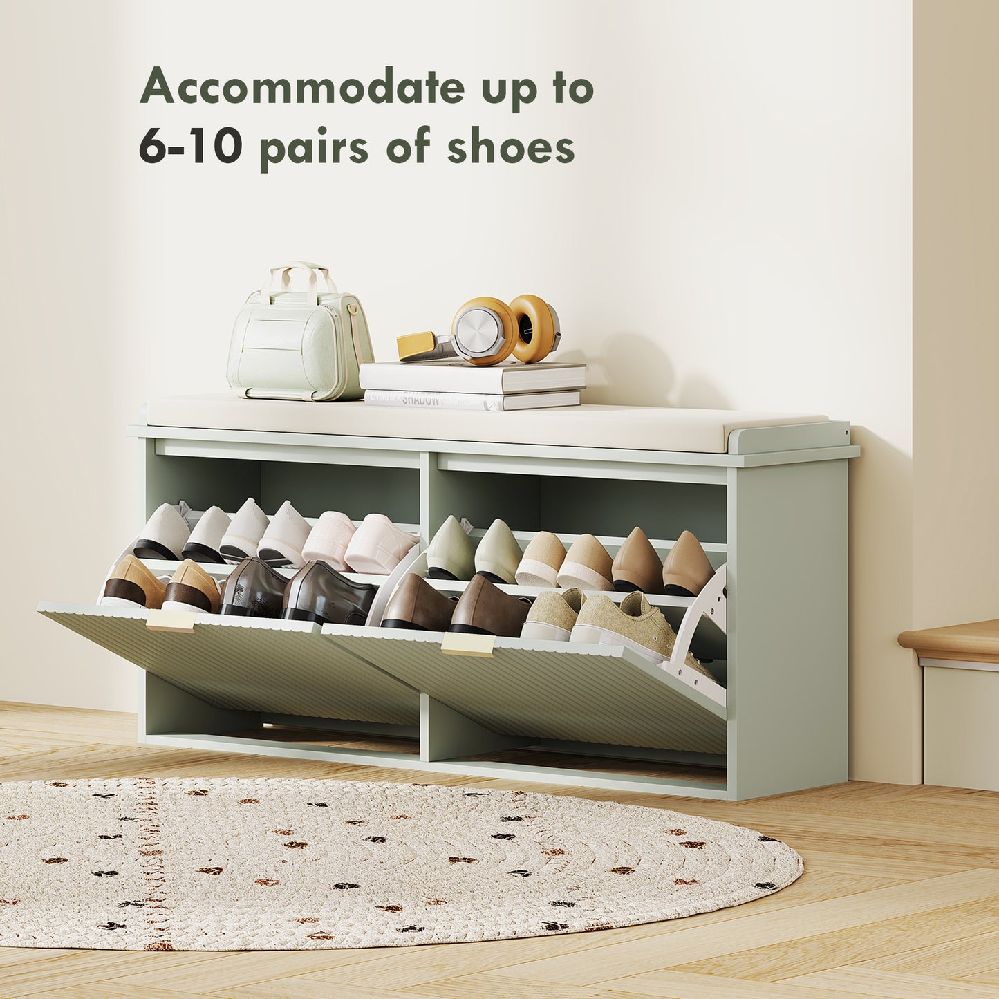 HOMCOM Green Elegant Ten Shoe Bench With Top Seat And Flip Drawer For Entryway Storage 240 Kg Capacity