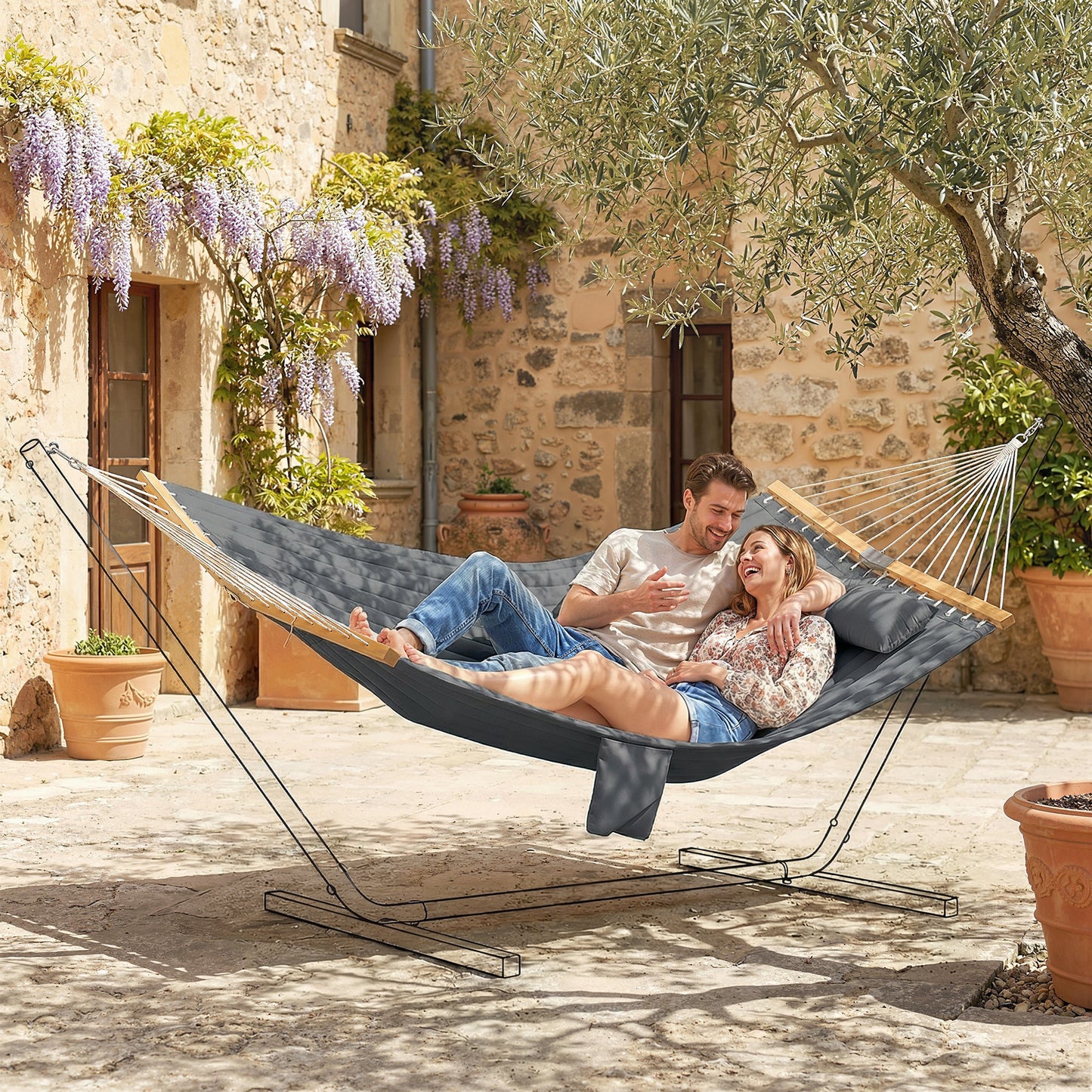 Outsunny Double Hammock Two Person Swing Bed With Spreader Bars Pillows Pad 200 X 140 Cm Grey