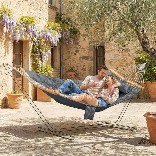 Outsunny Double Hammock Two Person Swing Bed With Spreader Bars Pillows Pad 200 X 140 Cm Grey