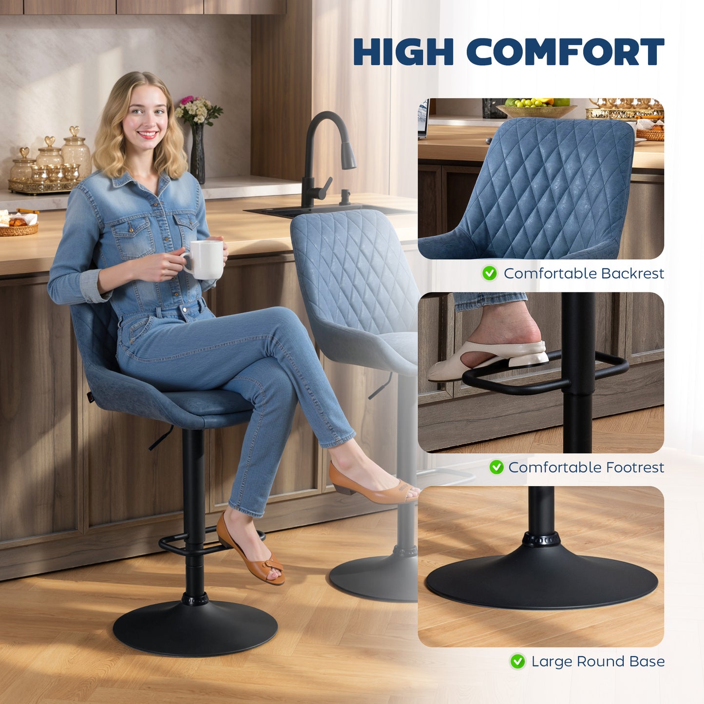 HOMCOM Set of Two Faux Leather Retro Bar Stools With Adjustable Height 63 to 83 Cm Metal Base Dark Blue