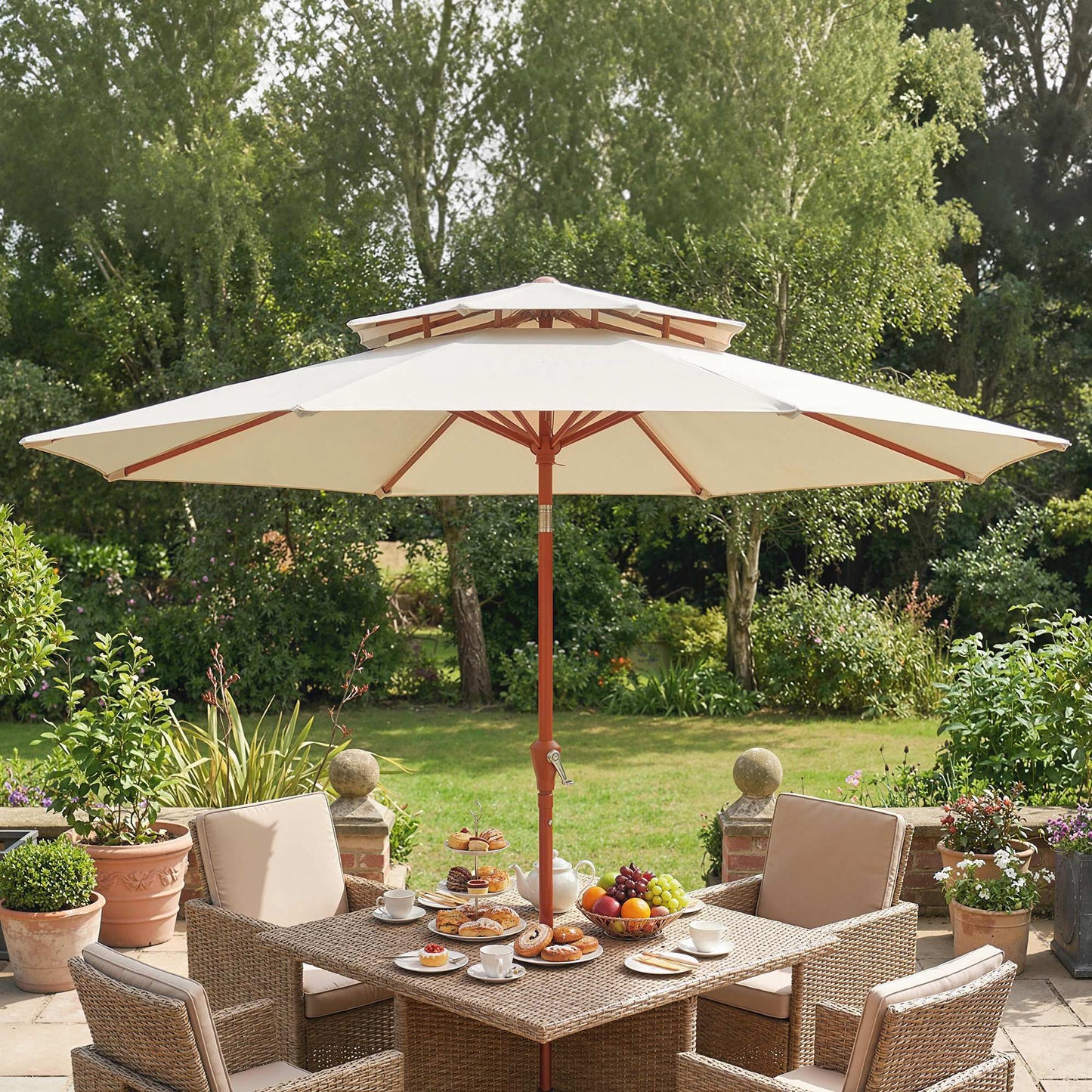 Outsunny 2.7m Garden Parasol With Double Top Canopy And Crank System Outdoor Market Table Umbrella Cream White