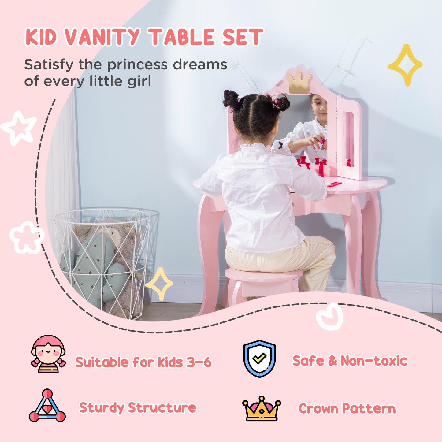 HOMCOM Princess-Themed Kids Vanity Set with Rotating Mirrors and Drawer, Pink Dressing Table and Stool for Girls - ALL4U RETAILER LTD