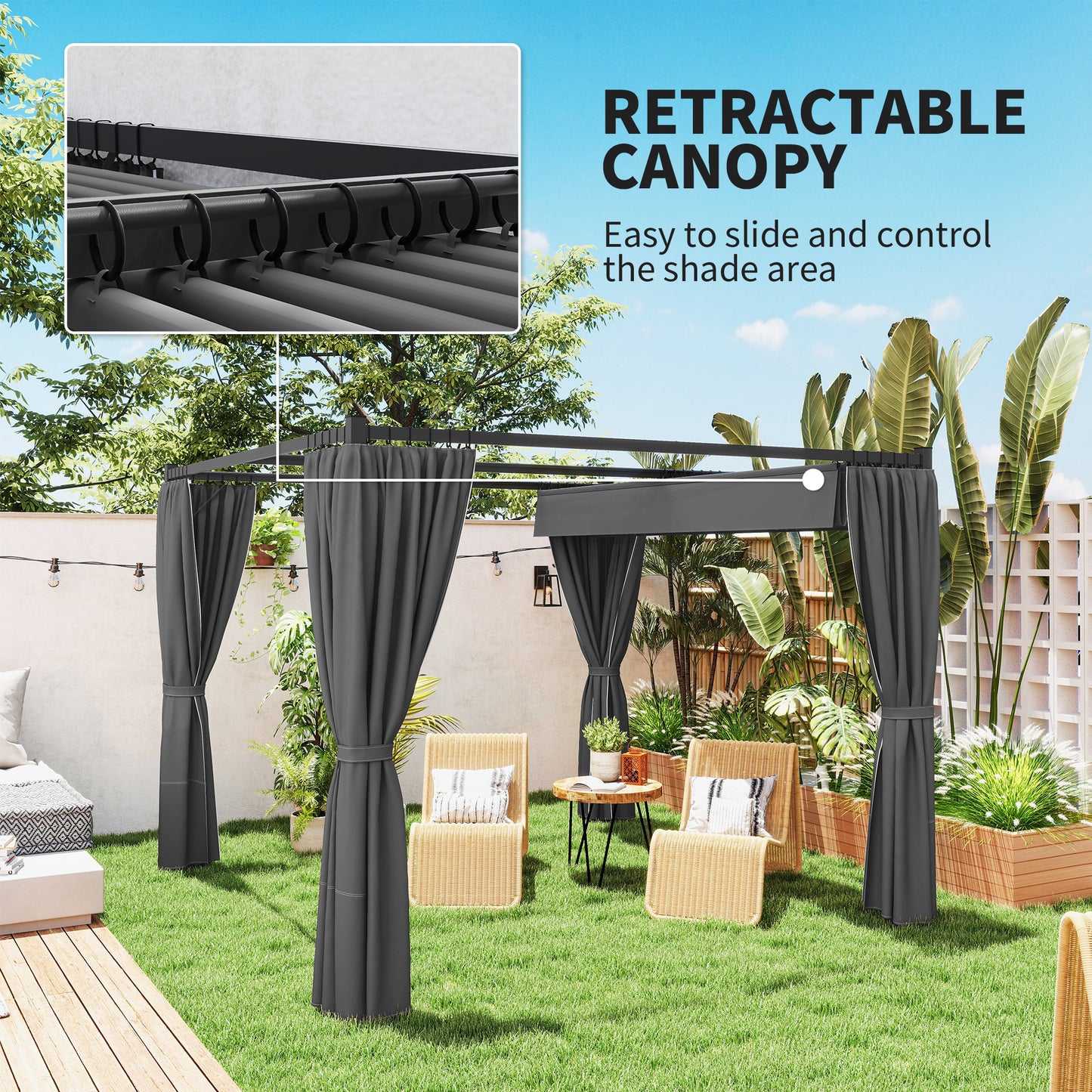 Outsunny 3x3 Meter Retractable Pergola Gazebo With Curtains For Patio Deck Garden Charcoal Grey