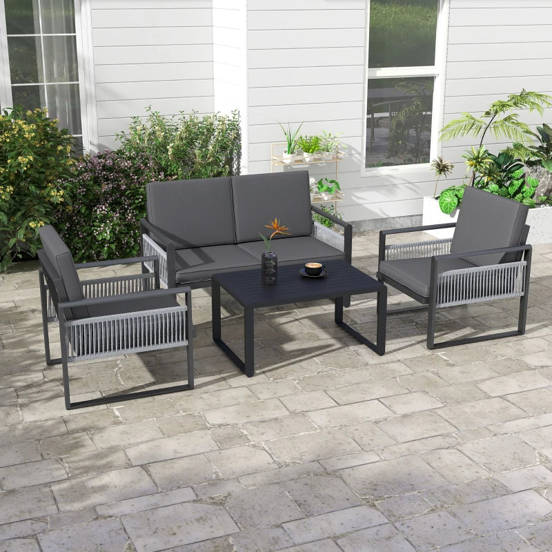 Outsunny Aluminium Garden Furniture Sets w/ Cushions, Slatted Top Table, Black - ALL4U RETAILER LTD