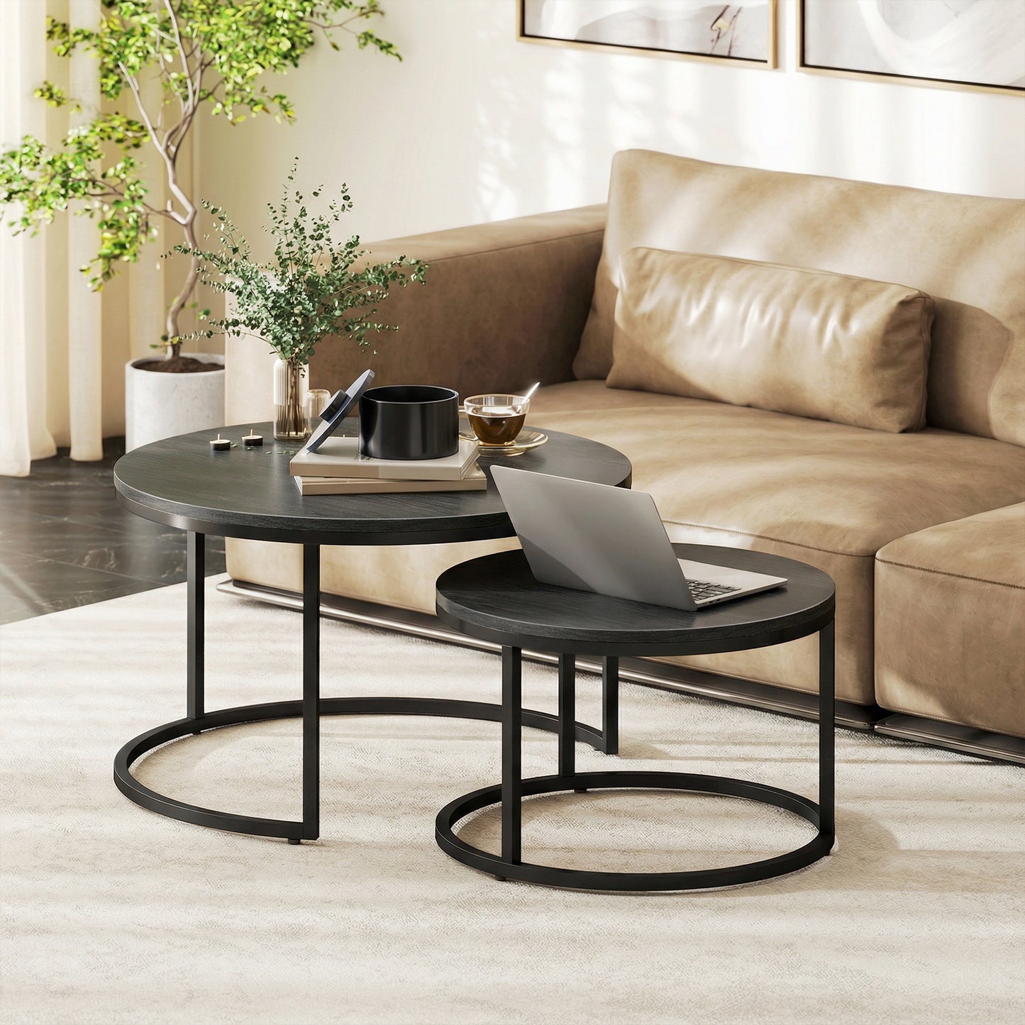 HOMCOM Set Of Two Wood Effect Stacking Tables In Black Wood Grain For Space Saving Living Room Decor