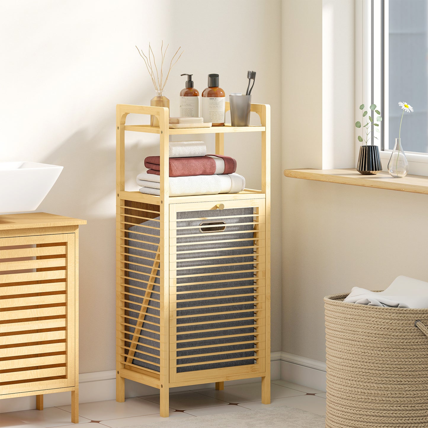 HOMCOM Bamboo Laundry Cabinet With Slatted Door And Tilt Out Hamper Removable Liner Bag Natural Wood Finish 40x30Dx95cm