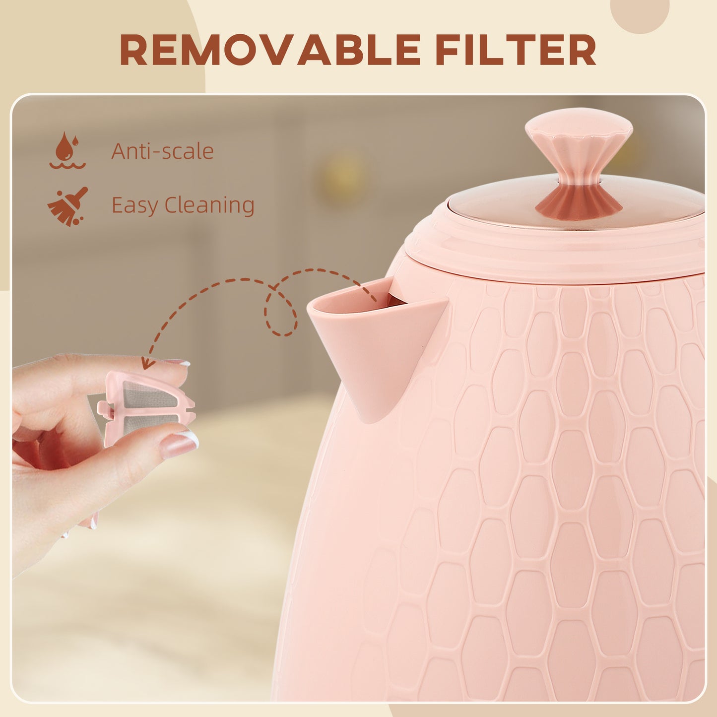 HOMCOM 3kW Rapid Boil Honeycomb Electric Kettle Light Pink With Boil Dry Protection For Quick Tea Coffee