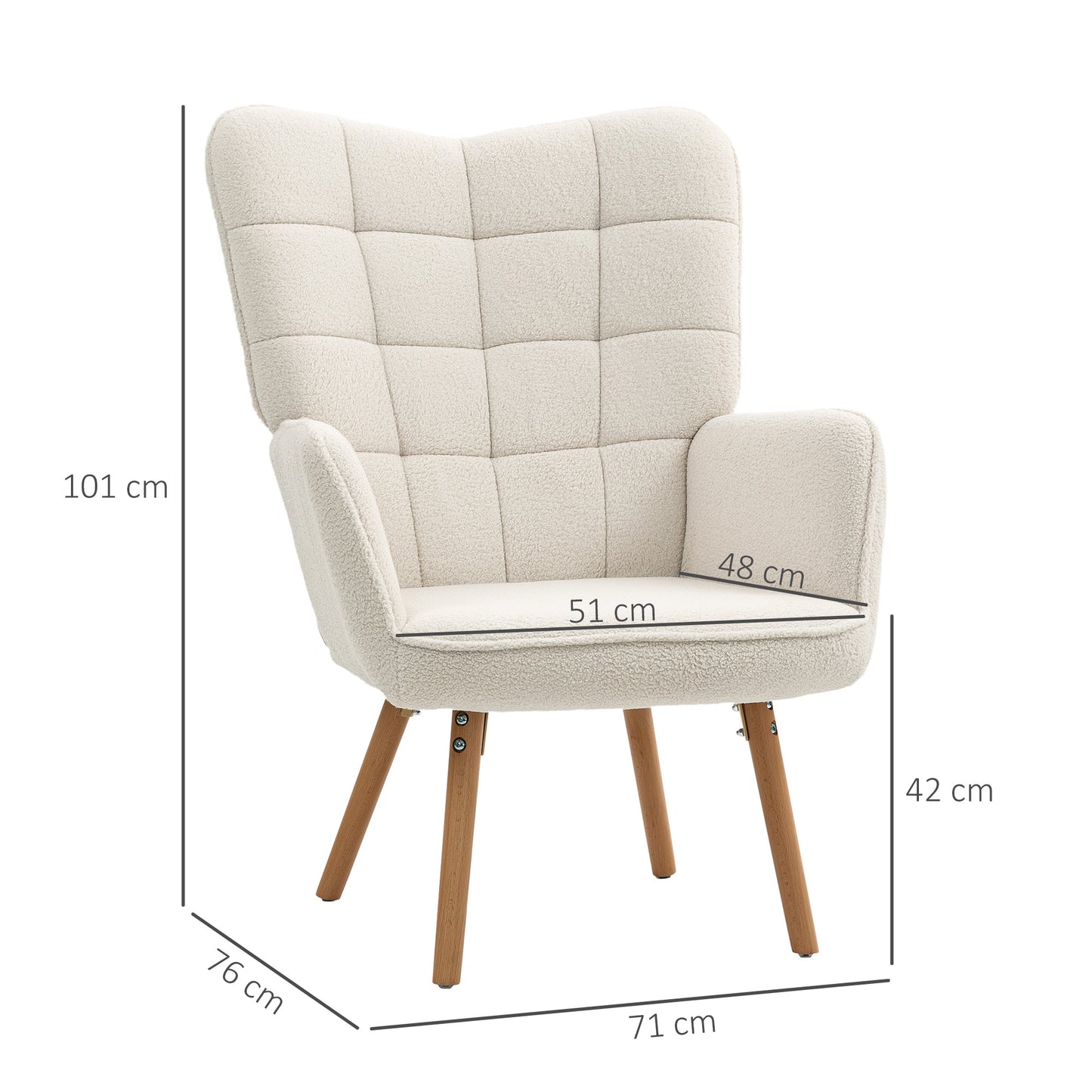 HOMCOM Modern Accent Chair Upholstered High Back Armchair Tufted Wingback Teddy Fleece Wood Legs Cream White