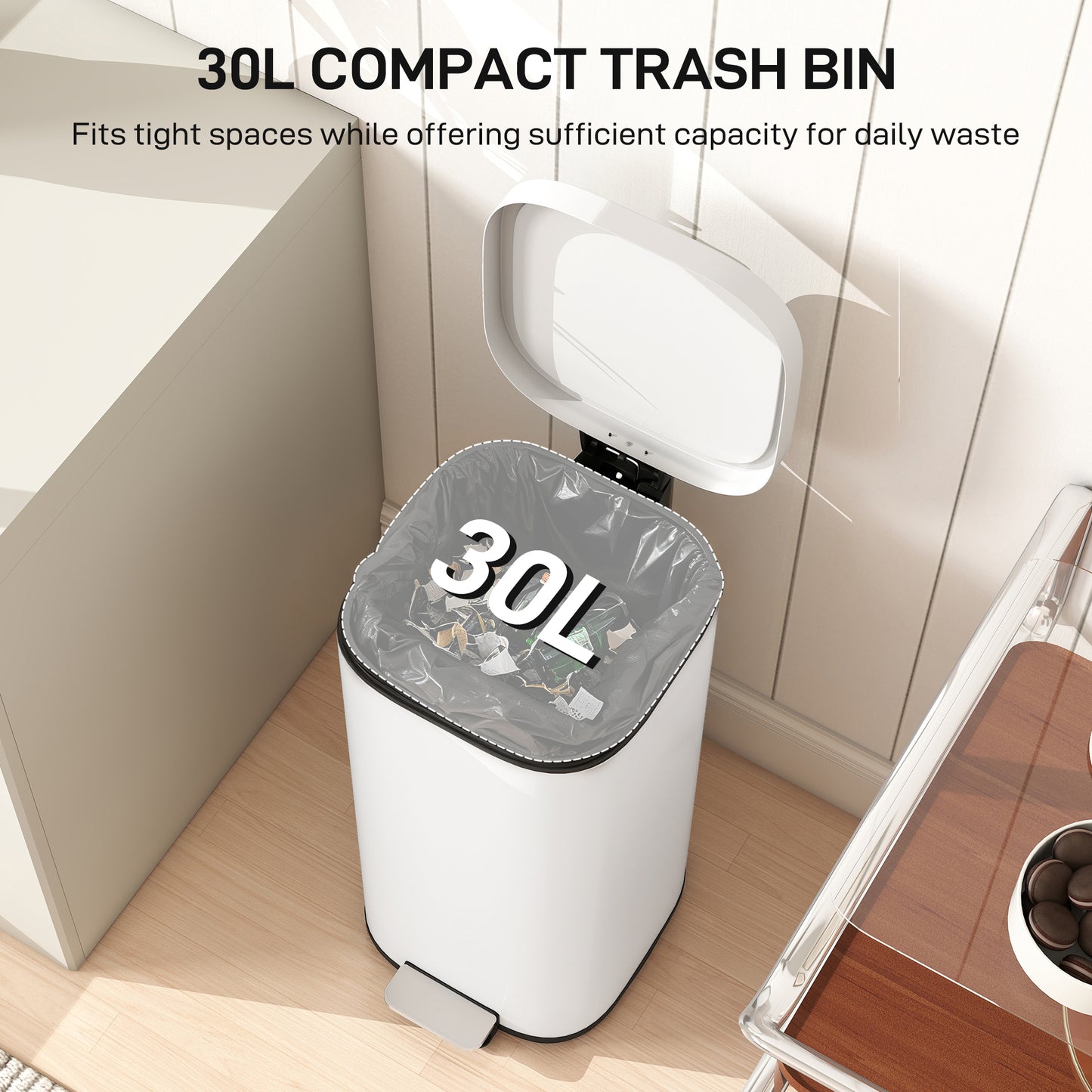 HOMCOM 30L Kitchen Bin With Soft Close And Stay Open Lid Removable Bucket Cream Finish