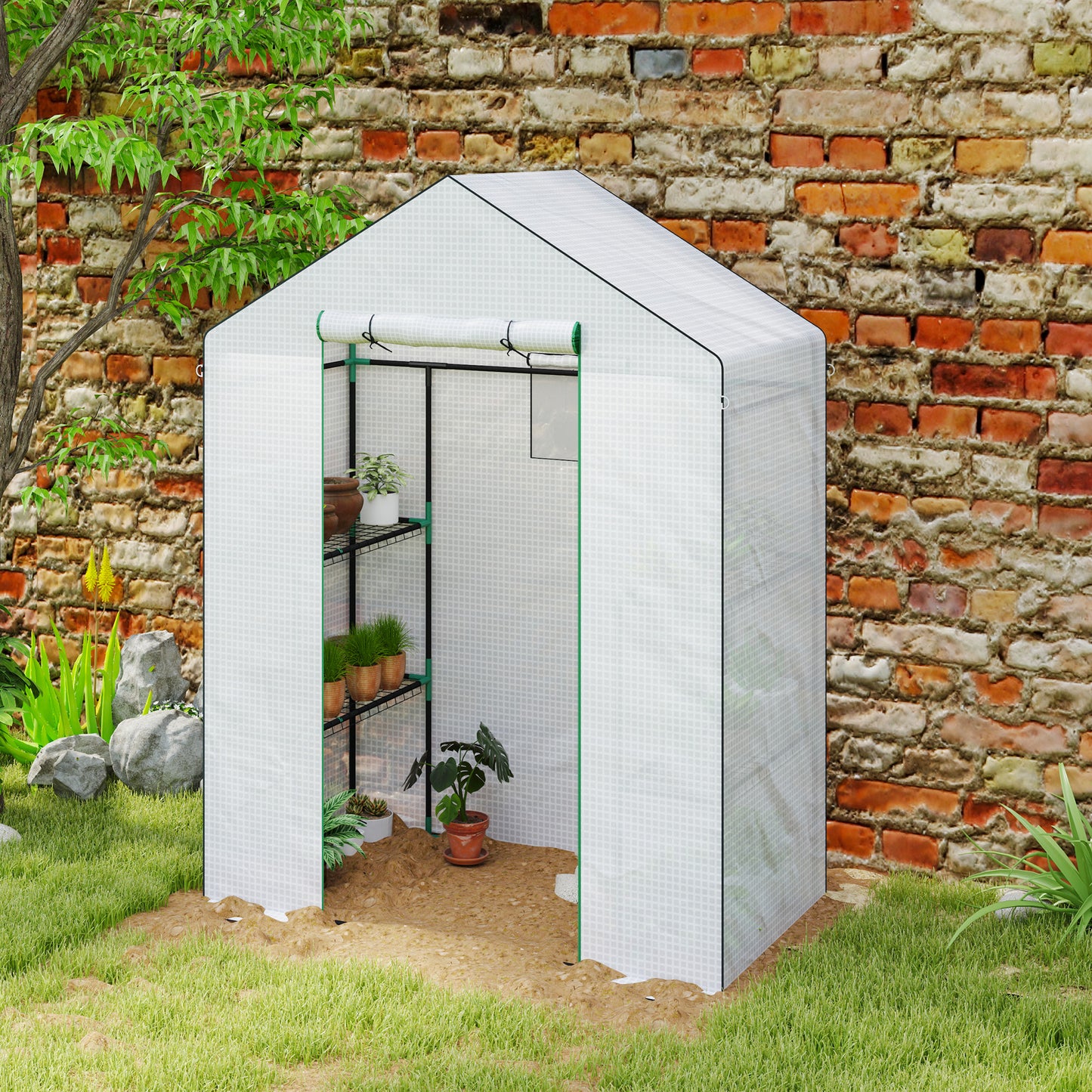 Outsunny Walk In Greenhouse 143 x 74cm With Shelves White UV Resistant Cover Roll Up Door