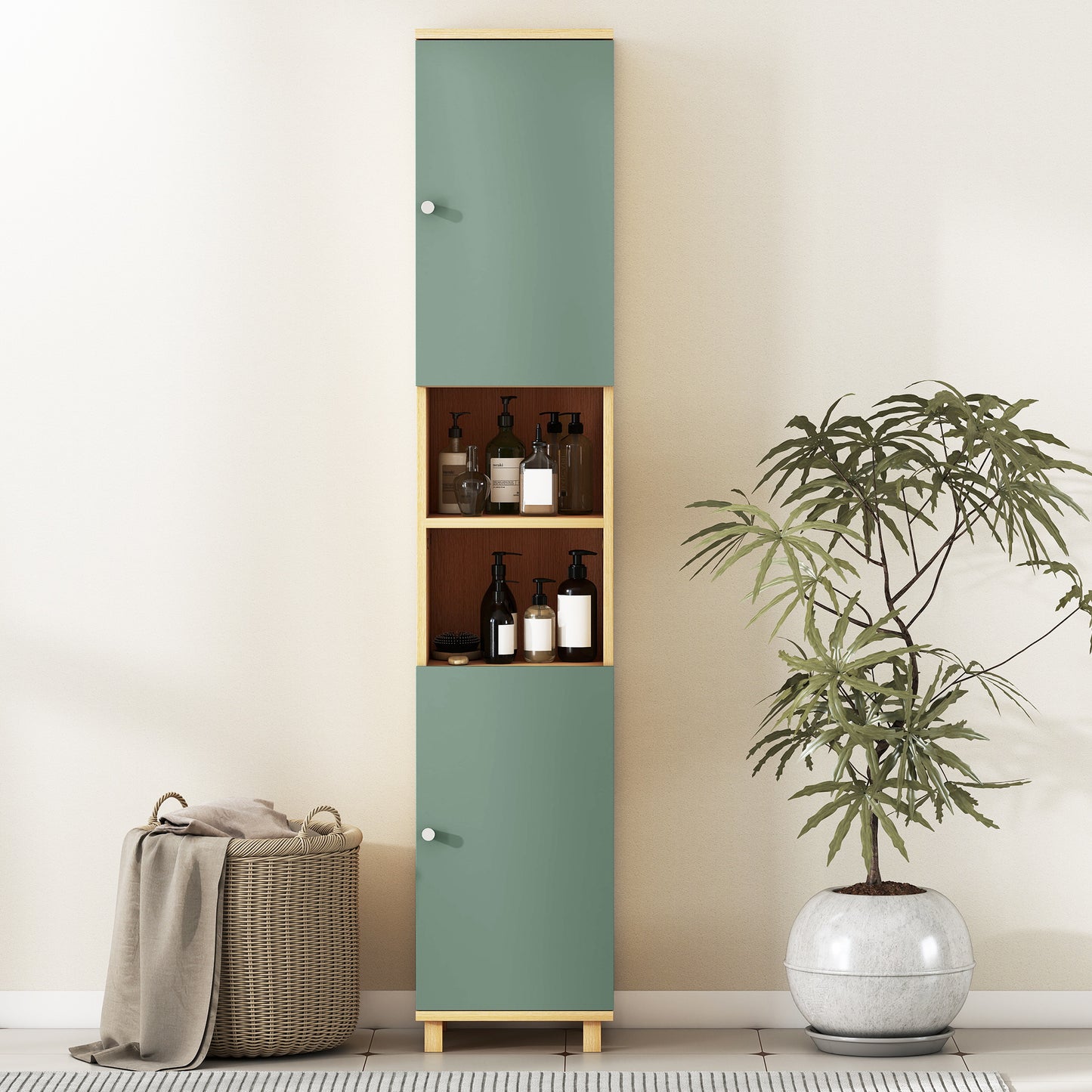 HOMCOM Tall Bathroom Cabinet With Adjustable Shelves And Open Shelves In Green Color