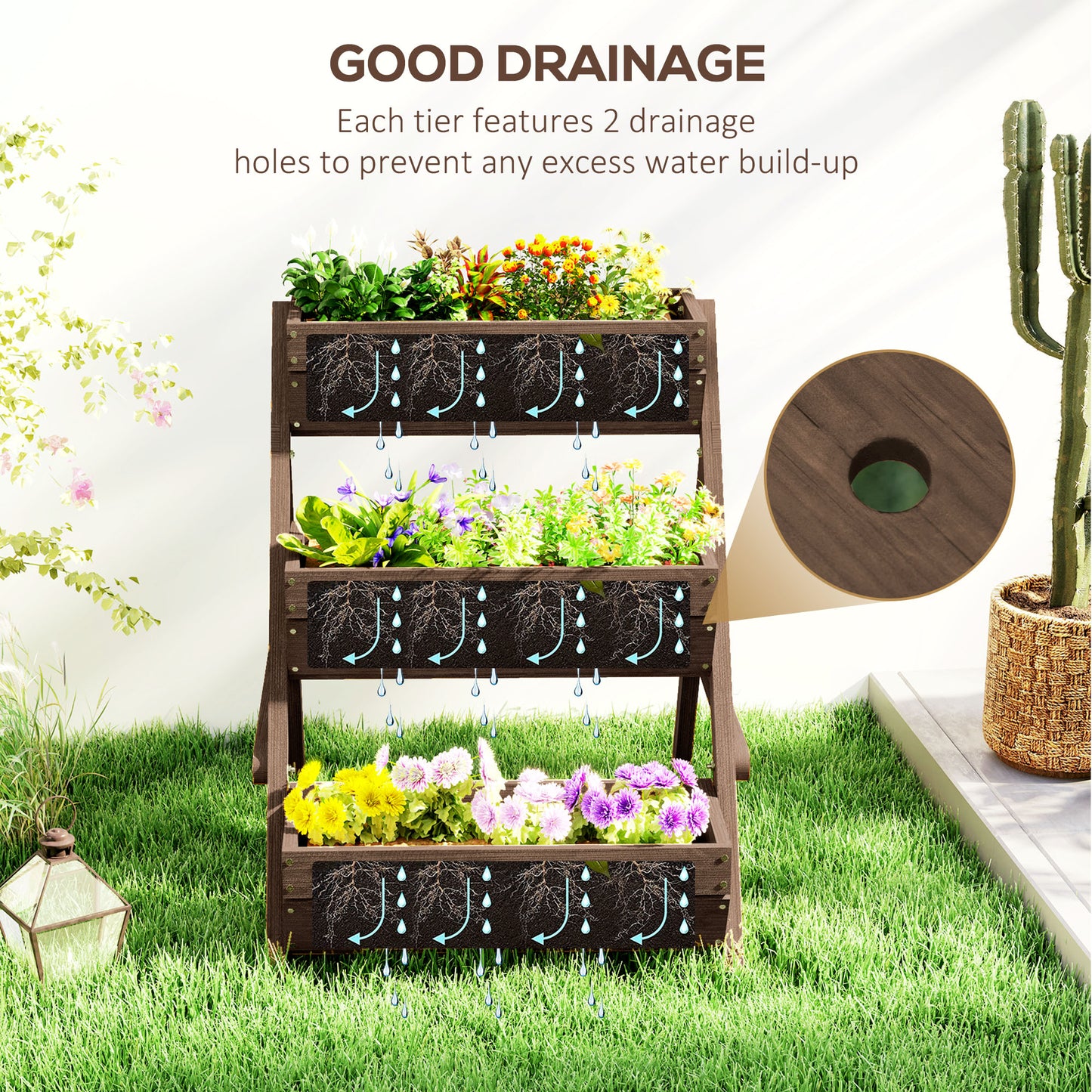 Outsunny 3 Tier Raised Garden Bed Wooden Elevated Planter Box Kit 66L for Flowers Vegetables Herbs Tan 65x75x78cm