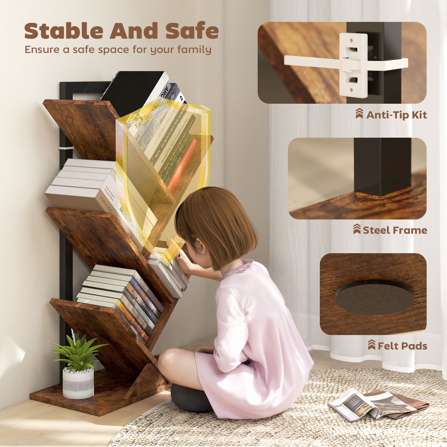 HOMCOM Four Section Tree Bookcase Wood Effect With Steel Frame And Particle Board Core For Books And Magazines